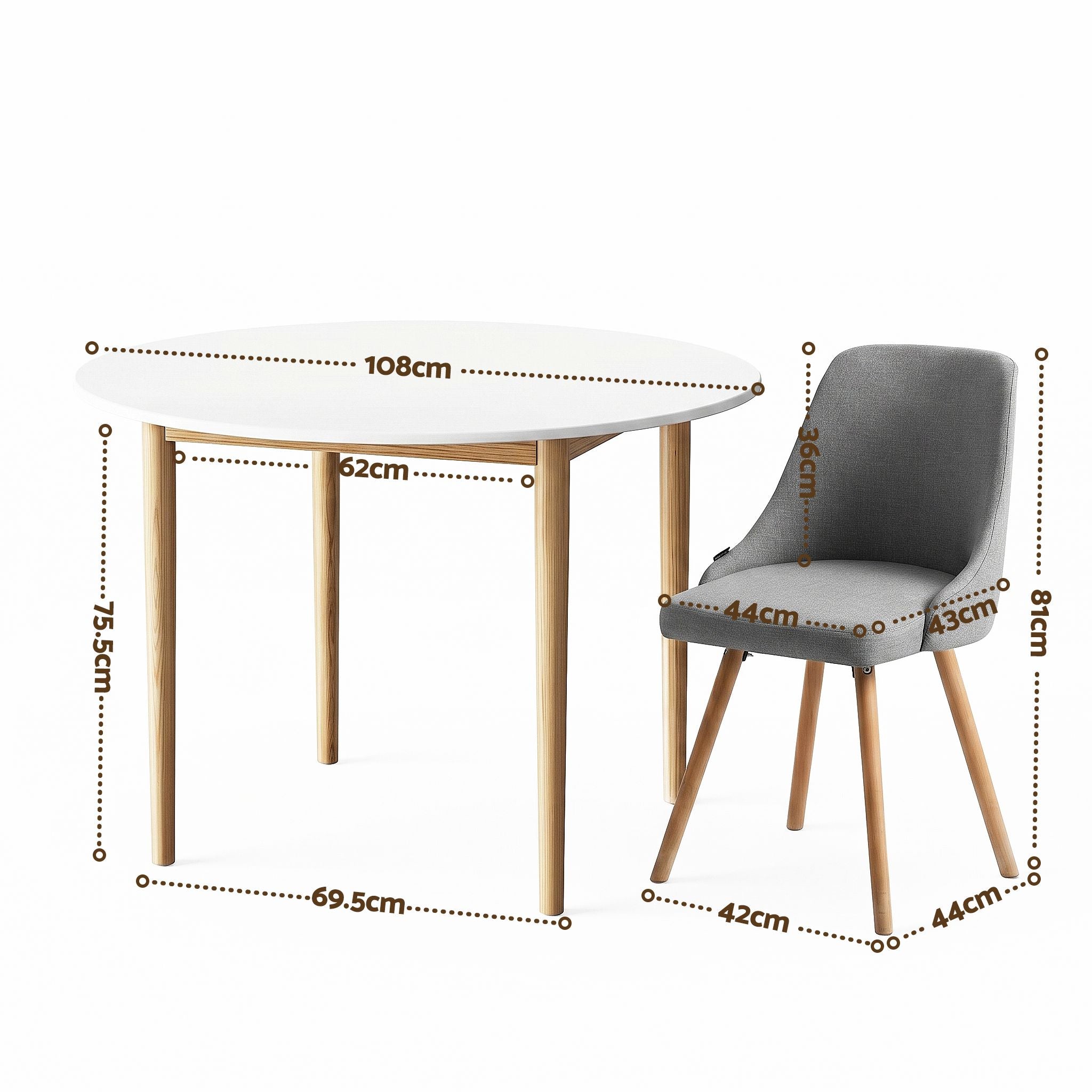 Artiss Round Dining Table and Chairs Set 5pcs Compact Kitchen Furniture White Natural Wood & Grey DSET-TAB01-DIN203A-GYX4