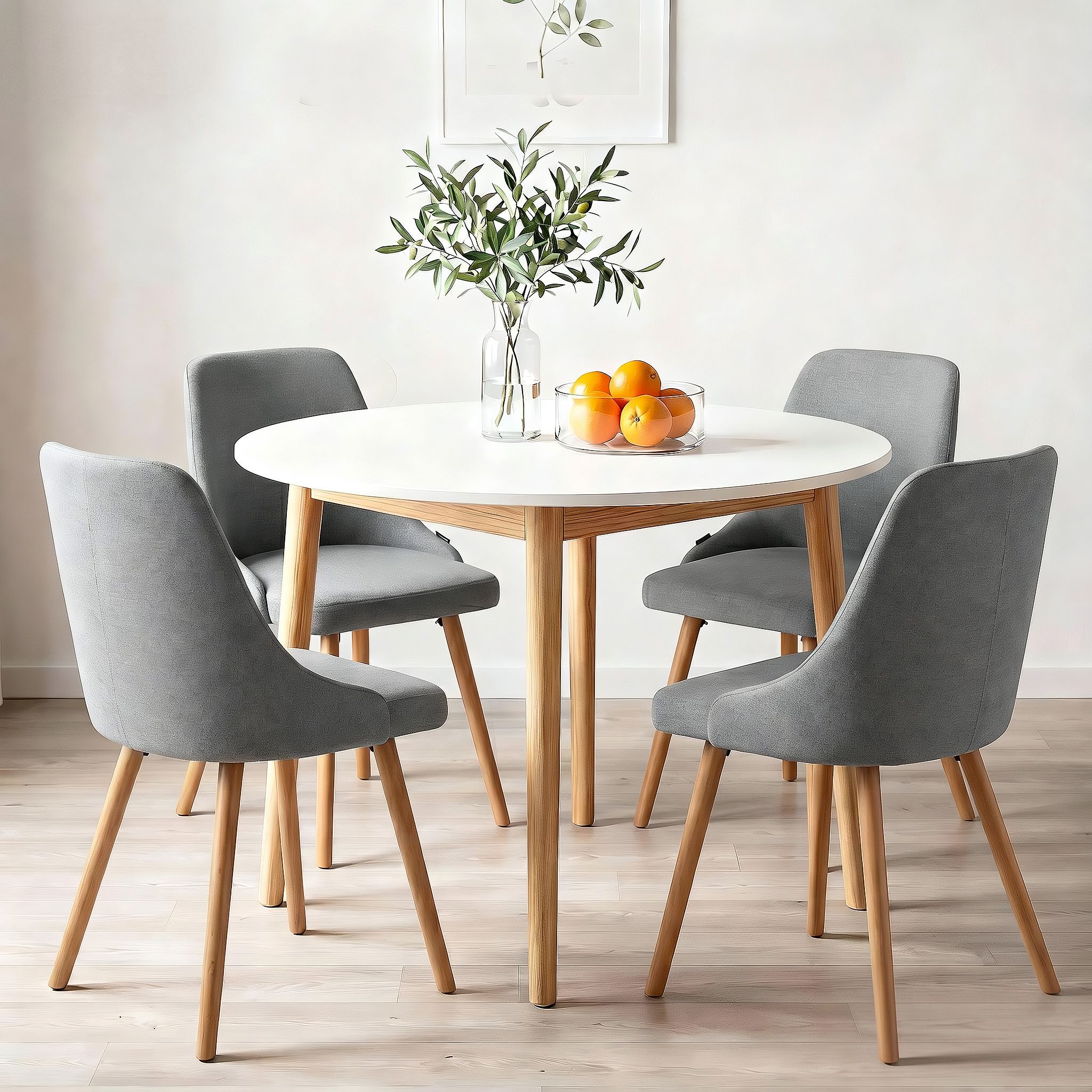 Artiss Round Dining Table and Chairs Set 5pcs Compact Kitchen Furniture White Natural Wood & Grey DSET-TAB01-DIN203A-GYX4