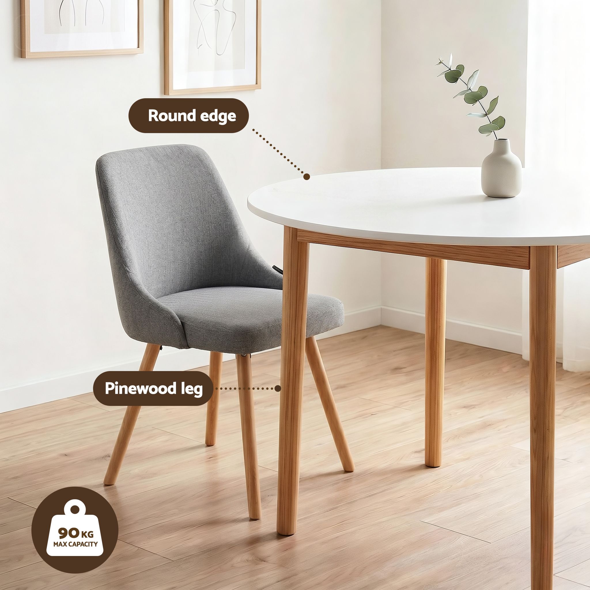 Artiss Round Dining Table and Chairs Set 5pcs Compact Kitchen Furniture White Natural Wood & Grey DSET-TAB01-DIN203A-GYX4