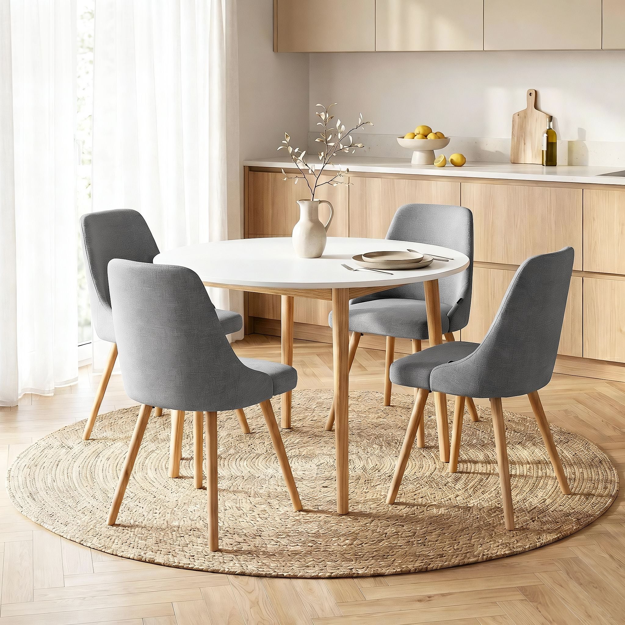 Artiss Round Dining Table and Chairs Set 5pcs Compact Kitchen Furniture White Natural Wood & Grey DSET-TAB01-DIN203A-GYX4