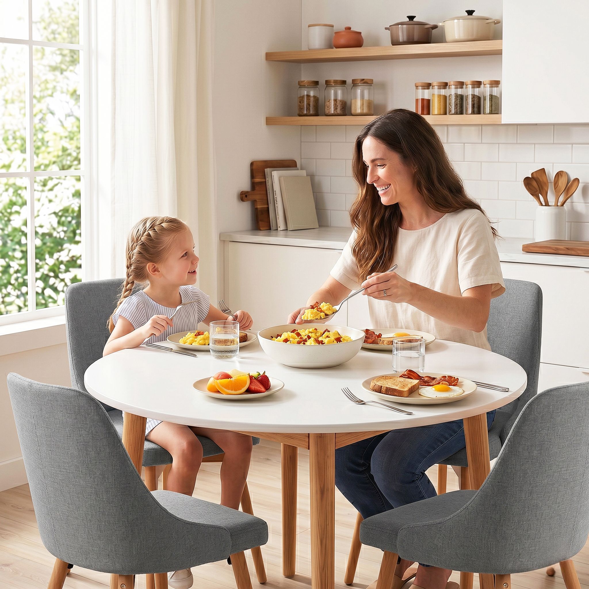 Artiss Round Dining Table and Chairs Set 5pcs Compact Kitchen Furniture White Natural Wood & Grey DSET-TAB01-DIN203A-GYX4