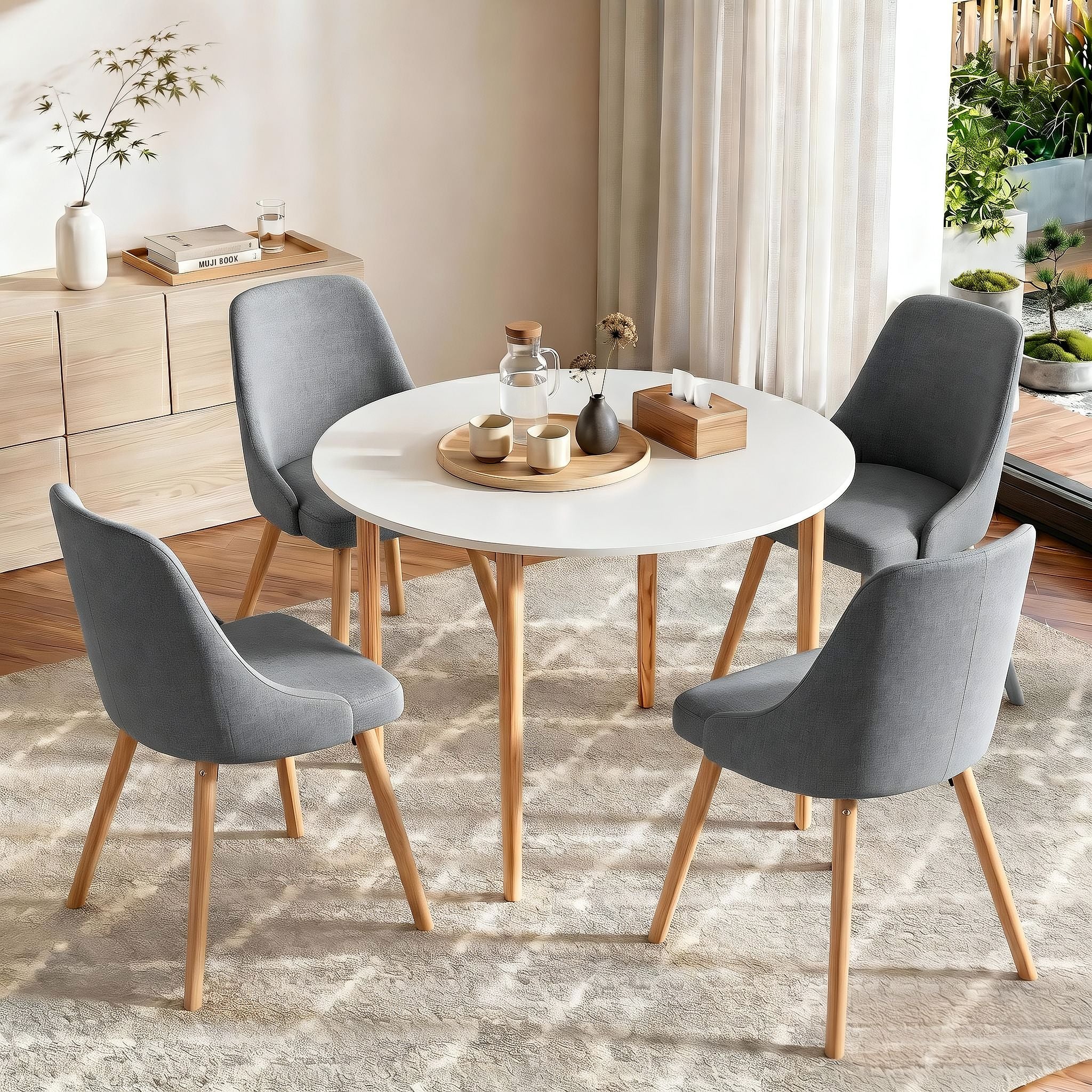 Artiss Round Dining Table and Chairs Set 5pcs Compact Kitchen Furniture White Natural Wood & Grey DSET-TAB01-DIN203A-GYX4
