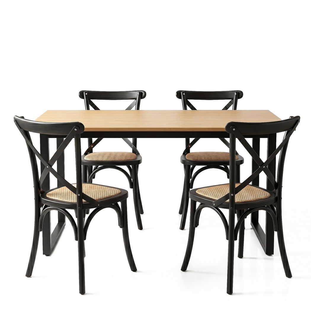 Artiss Dining Table and Chairs Set 5PCS Industrial 4 Black Rattan Chairs for Kitchen, Dining Room, Cafe DSET-TAB01-RA-BKX4