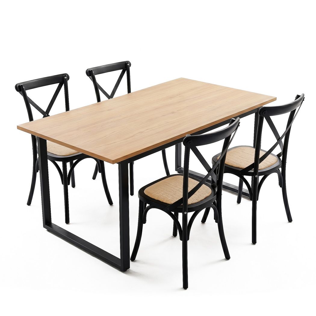 Artiss Dining Table and Chairs Set 5PCS Industrial 4 Black Rattan Chairs for Kitchen, Dining Room, Cafe DSET-TAB01-RA-BKX4