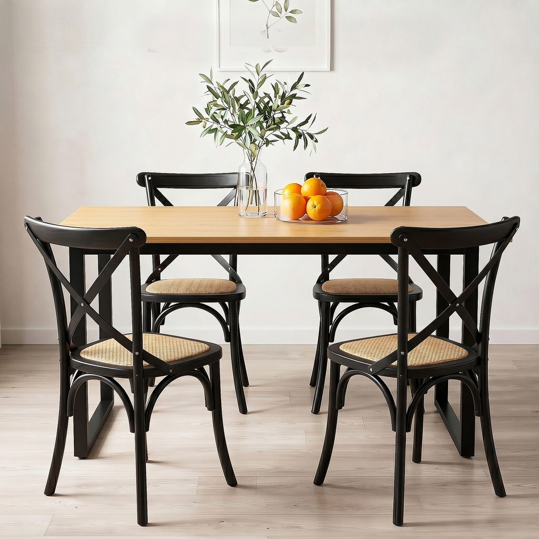 Artiss Dining Table and Chairs Set 5PCS Industrial 4 Black Rattan Chairs for Kitchen, Dining Room, Cafe DSET-TAB01-RA-BKX4