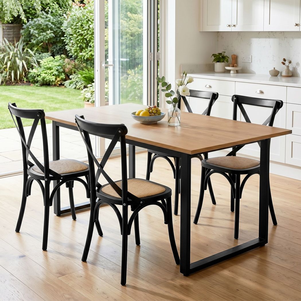 Artiss Dining Table and Chairs Set 5PCS Industrial 4 Black Rattan Chairs for Kitchen, Dining Room, Cafe DSET-TAB01-RA-BKX4