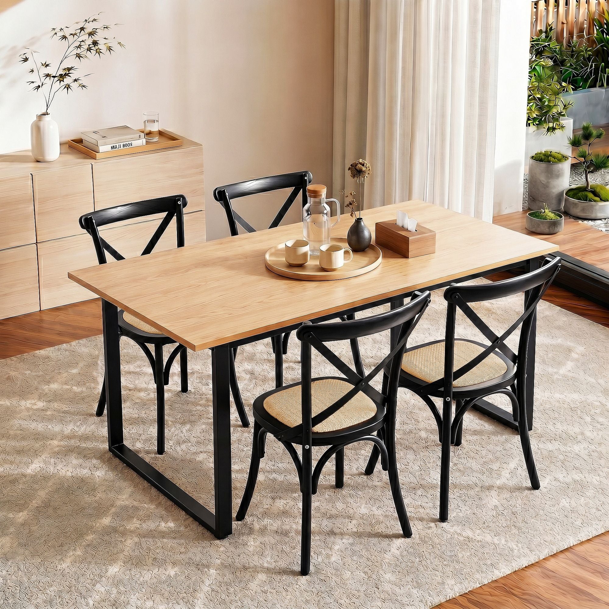 Artiss Dining Table and Chairs Set 5PCS Industrial 4 Black Rattan Chairs for Kitchen, Dining Room, Cafe DSET-TAB01-RA-BKX4