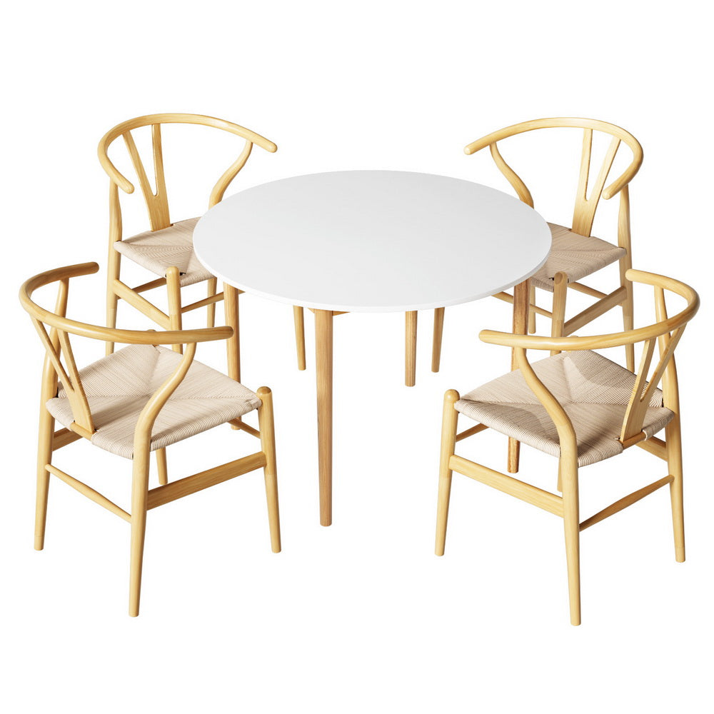 1 Artiss Dining Table and 4 Chairs Set Wishbone Wood DSET-TAB01-RAT-WDX4