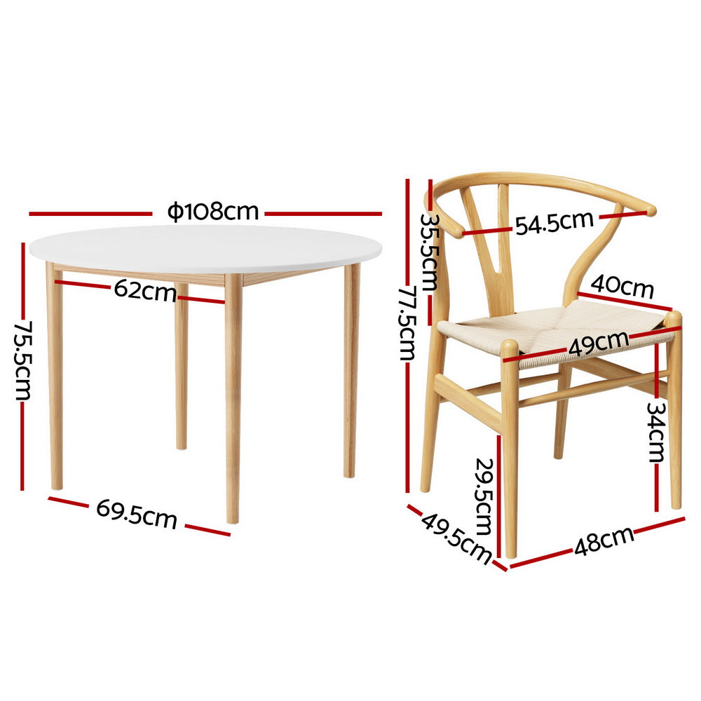 1 Artiss Dining Table and 4 Chairs Set Wishbone Wood DSET-TAB01-RAT-WDX4