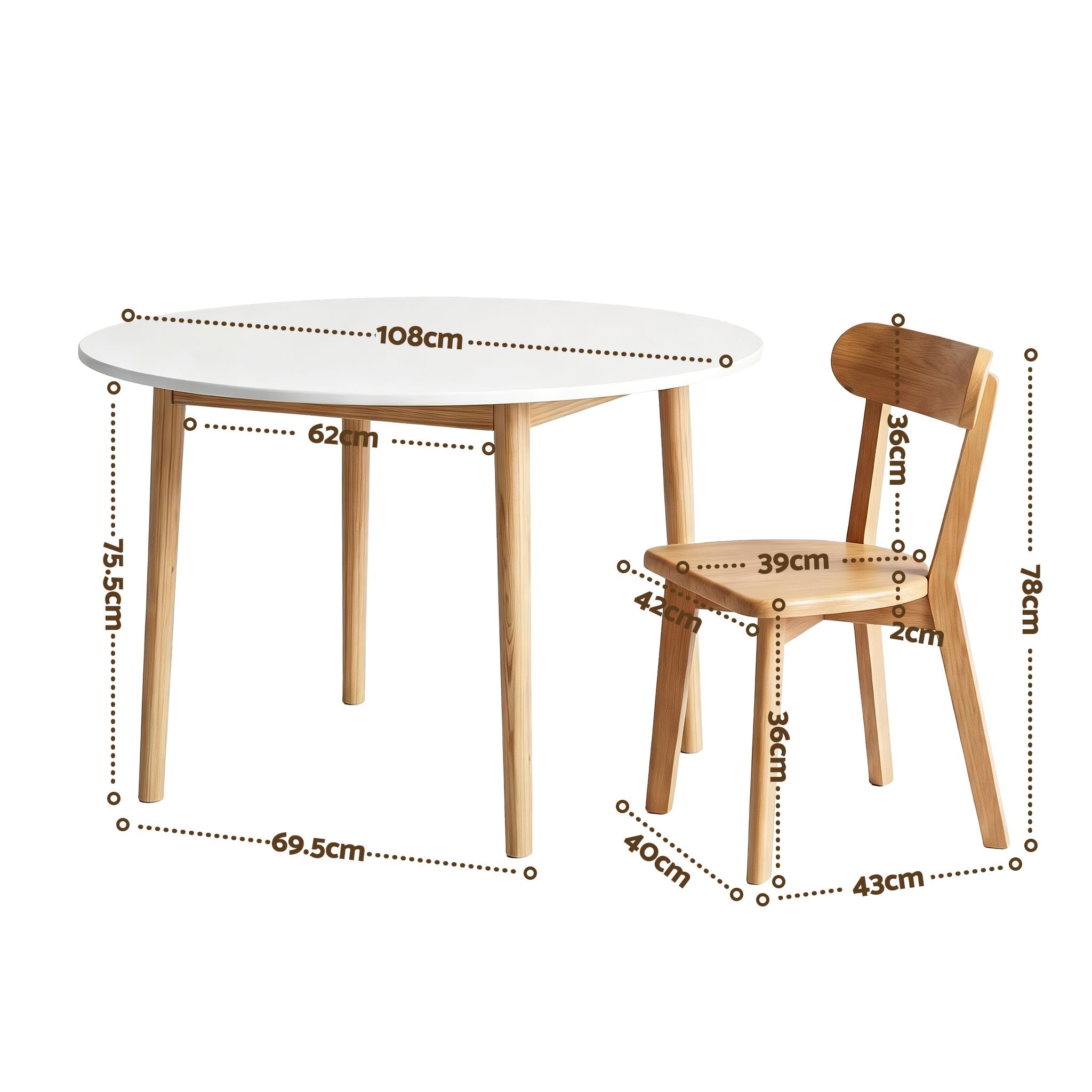 Artiss Round Dining Table and Chairs Set 5 PCS, 108cm Compact Kitchen Table Set with Solid Pine Wood Legs & 4 DSET-TAB01-RUB-WDX4
