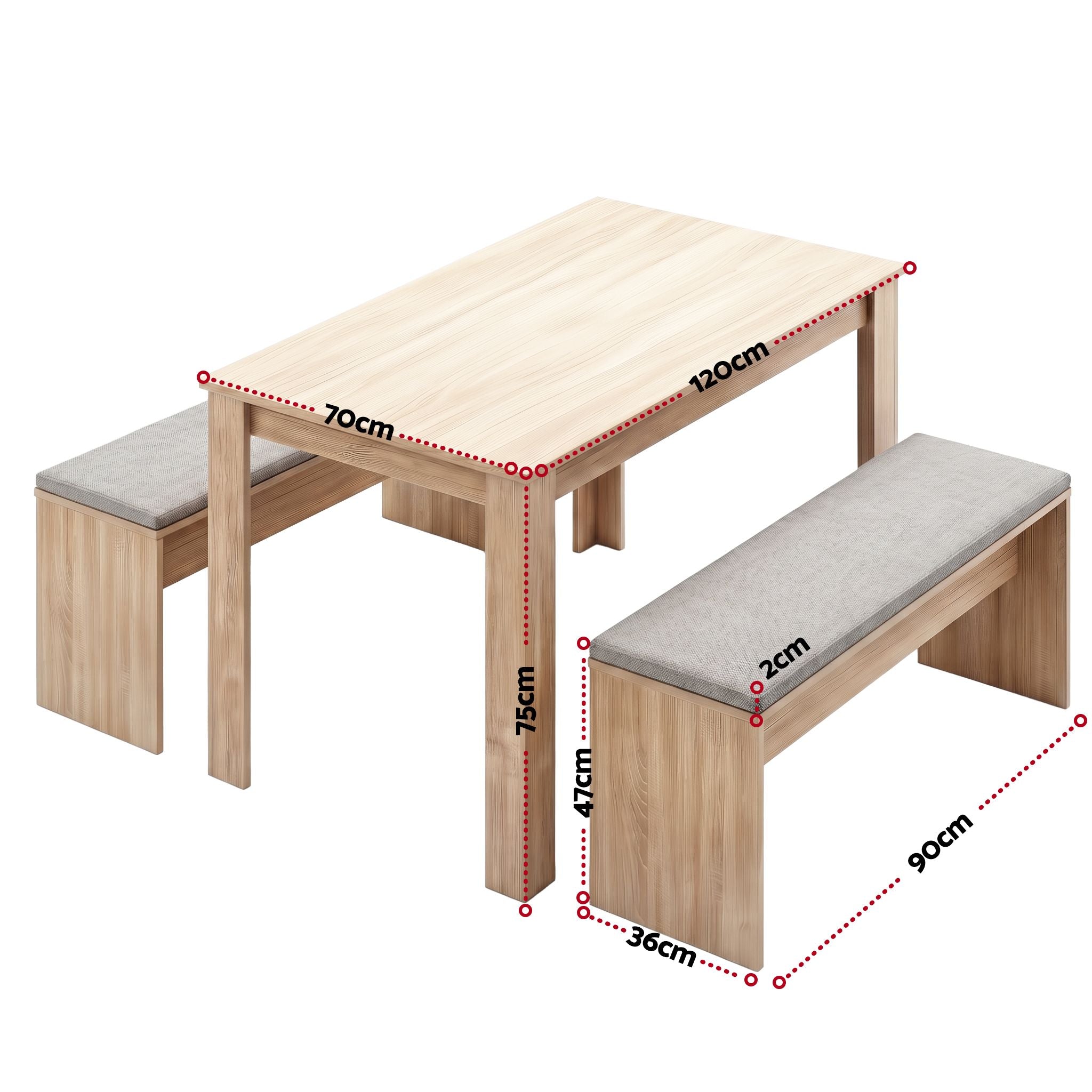 Artiss 3 Piece Dining Sets, 120cm Wooden Dining Table and 2 Upholstered Chairs Set, Space-Saving Modern DSET-TAB120-BEN90-WD