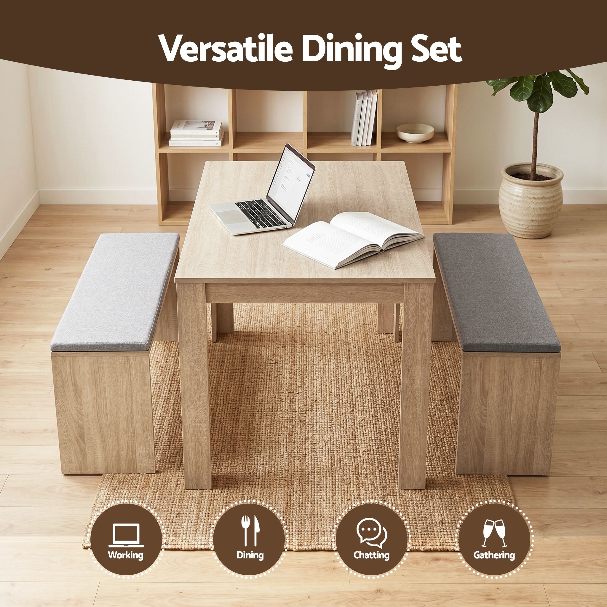 Artiss 3 Piece Dining Sets, 120cm Wooden Dining Table and 2 Upholstered Chairs Set, Space-Saving Modern DSET-TAB120-BEN90-WD