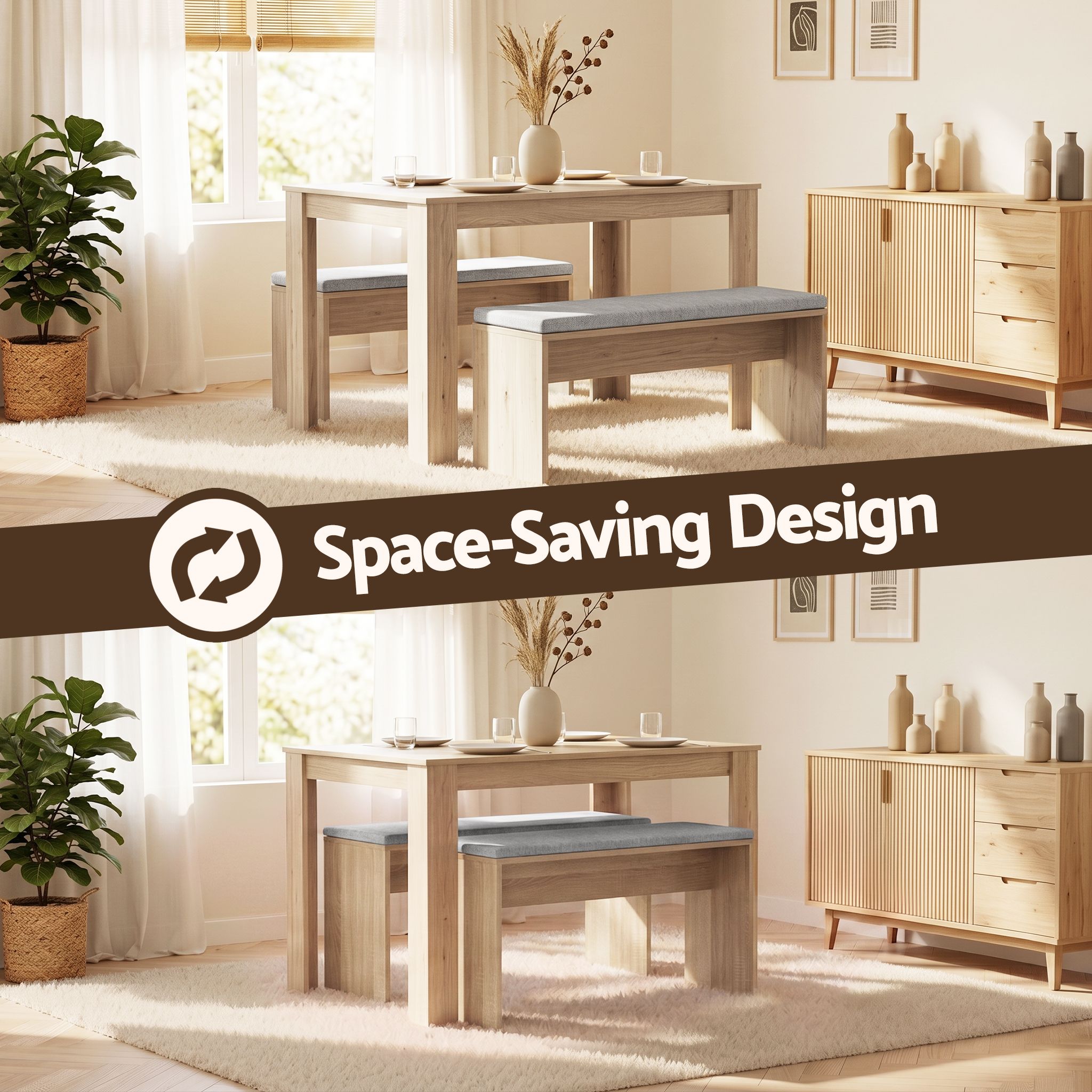 Artiss 3 Piece Dining Sets, 120cm Wooden Dining Table and 2 Upholstered Chairs Set, Space-Saving Modern DSET-TAB120-BEN90-WD