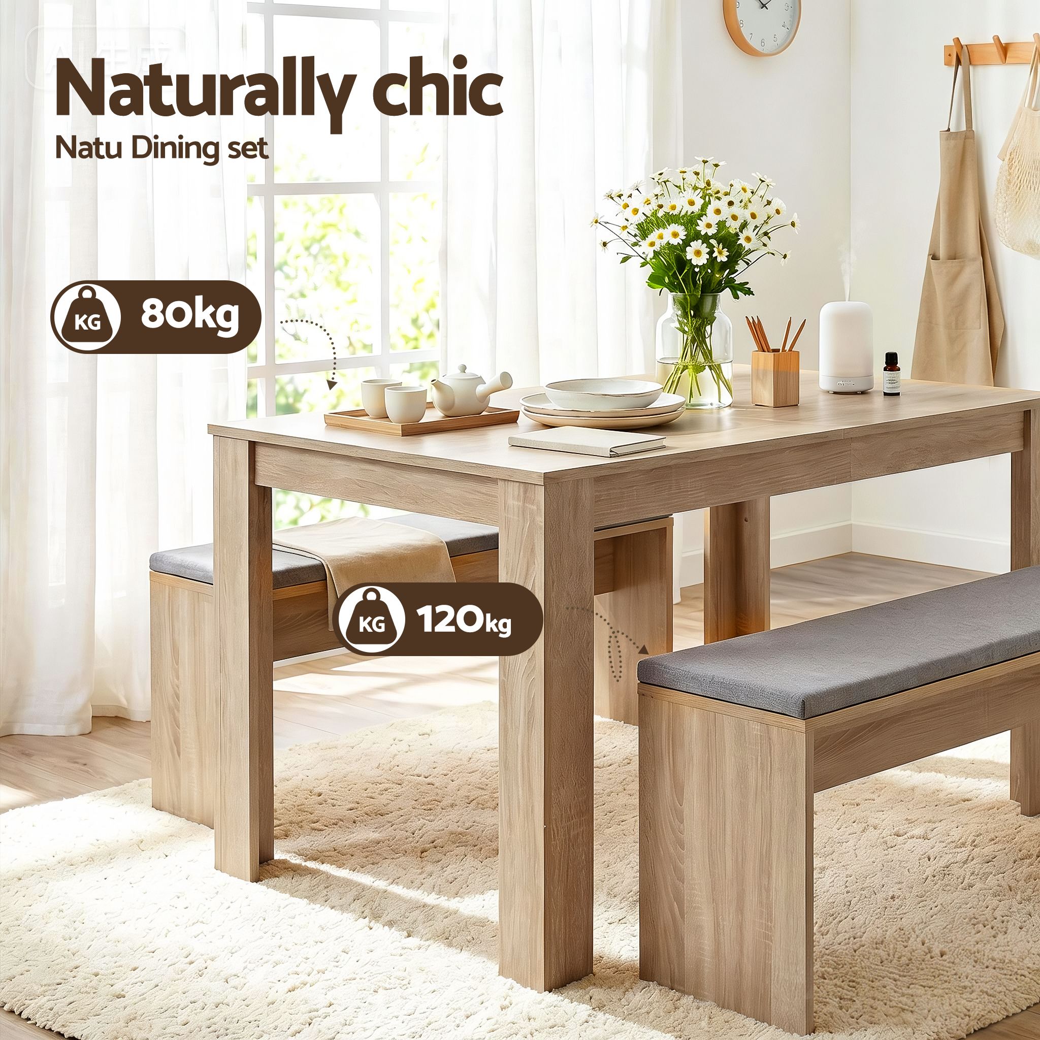 Artiss 3 Piece Dining Sets, 120cm Wooden Dining Table and 2 Upholstered Chairs Set, Space-Saving Modern DSET-TAB120-BEN90-WD