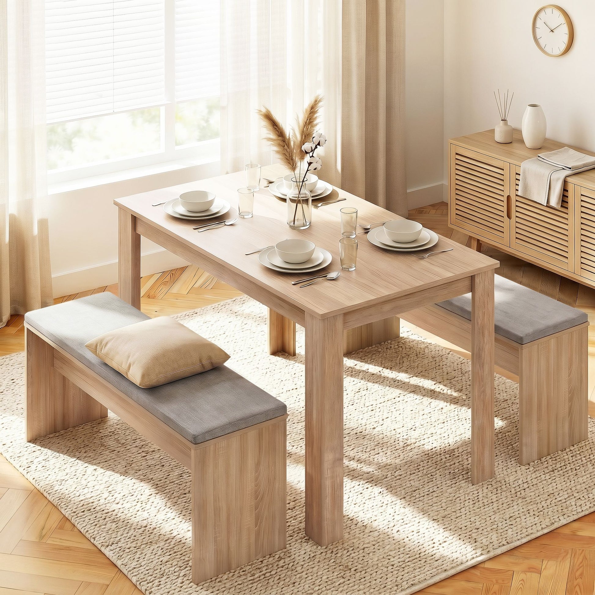 Artiss 3 Piece Dining Sets, 120cm Wooden Dining Table and 2 Upholstered Chairs Set, Space-Saving Modern DSET-TAB120-BEN90-WD