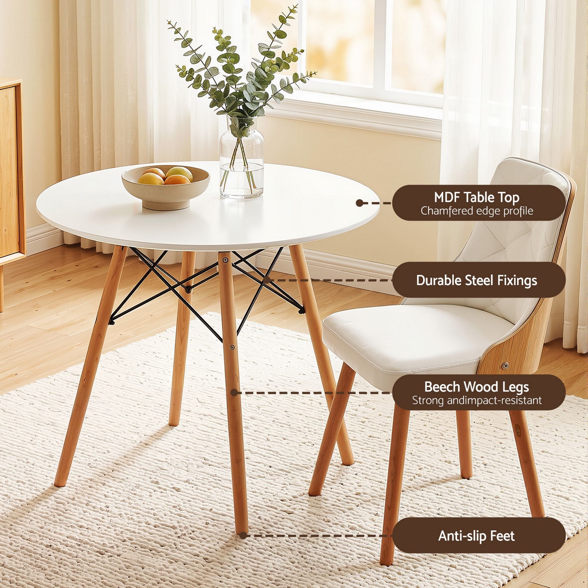 Artiss Dining Table and Chairs Set 3PCS 90cm 2 Seater Round Dining Set for Kitchen, Apartment, Dining Room DSET-TAB90-2004-WHX2