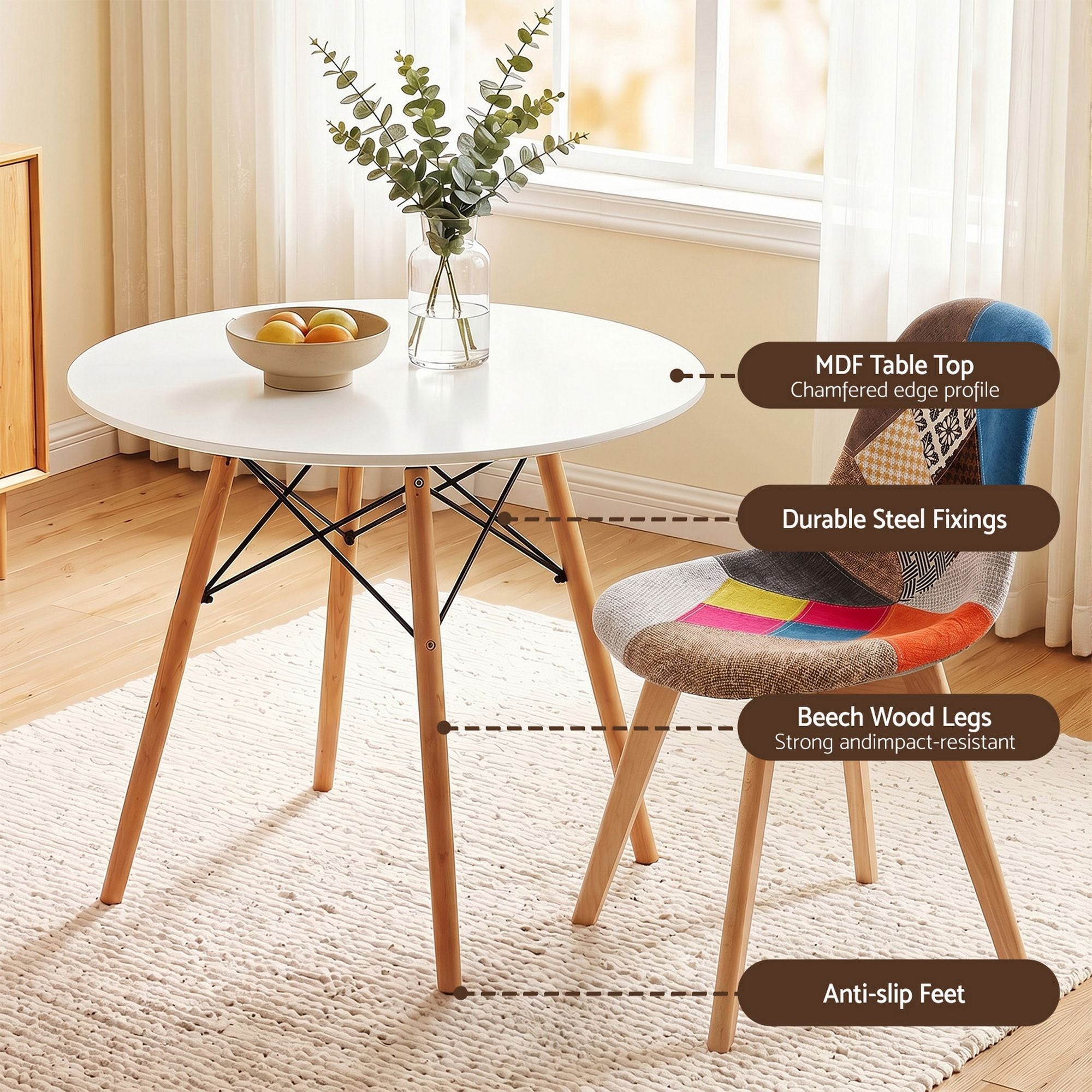 Artiss Dining Table and Chairs Set 3PCS Round 2 Seater Dining Set for Kitchen, Apartment, Dining Room White DSET-TAB90-56FBX2