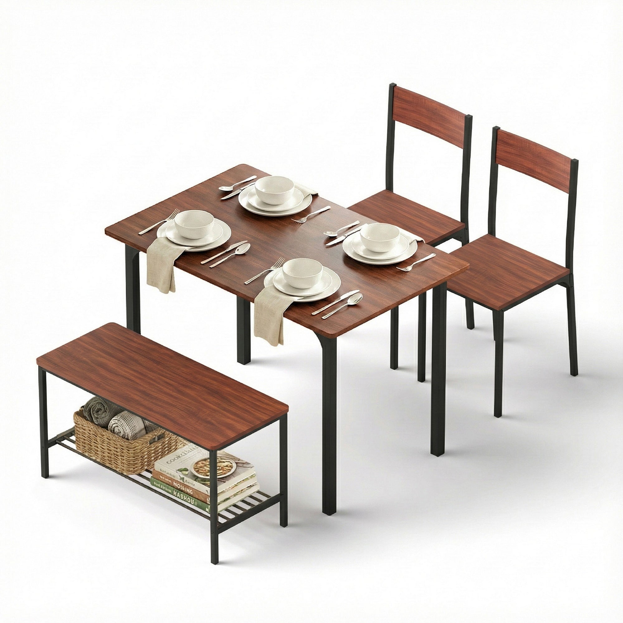 Artiss Dining Table and Chairs Set of 4 Storage Bench Kitchen Furniture Walnut DSET-U-5280-BR