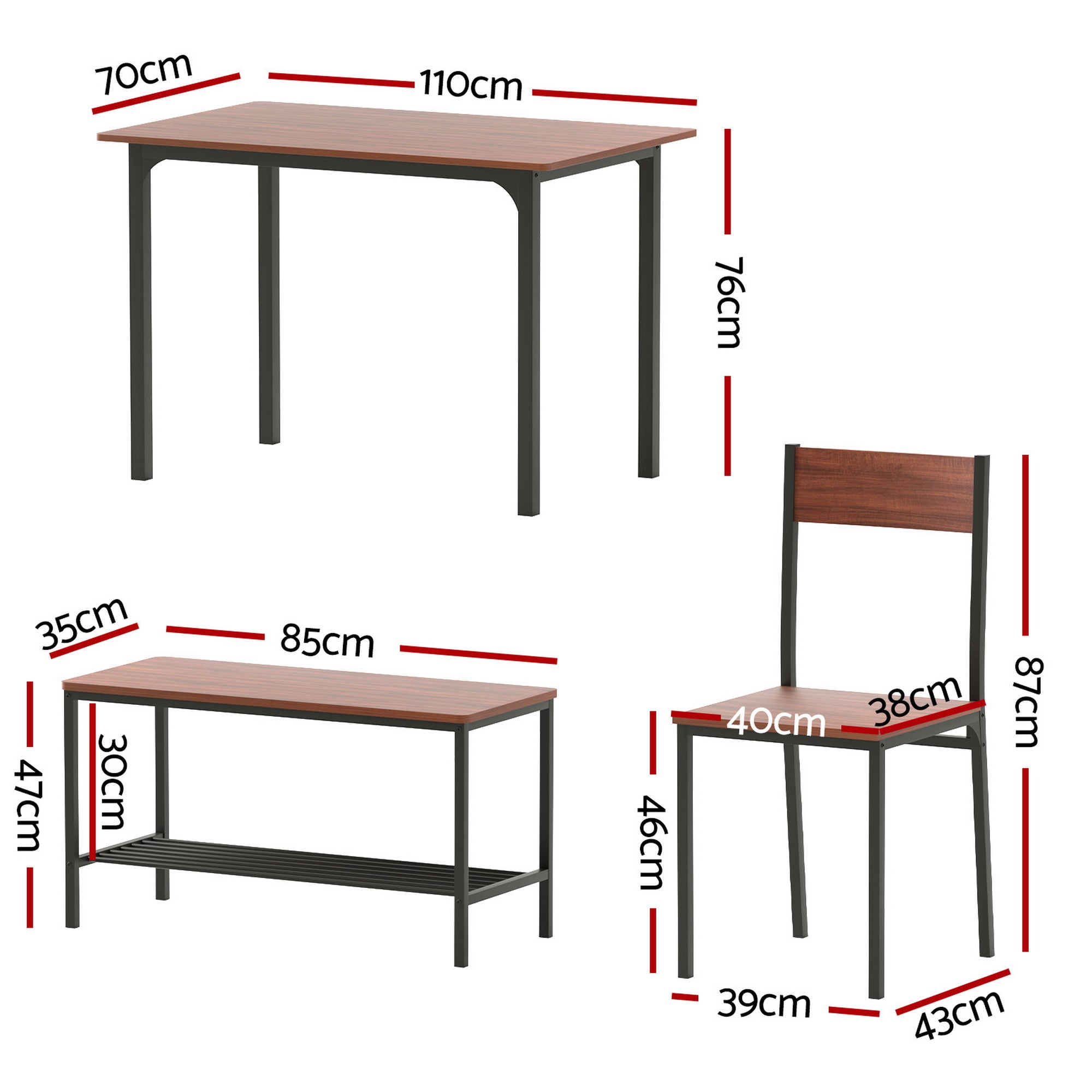 Artiss Dining Table and Chairs Set of 4 Storage Bench Kitchen Furniture Walnut DSET-U-5280-BR