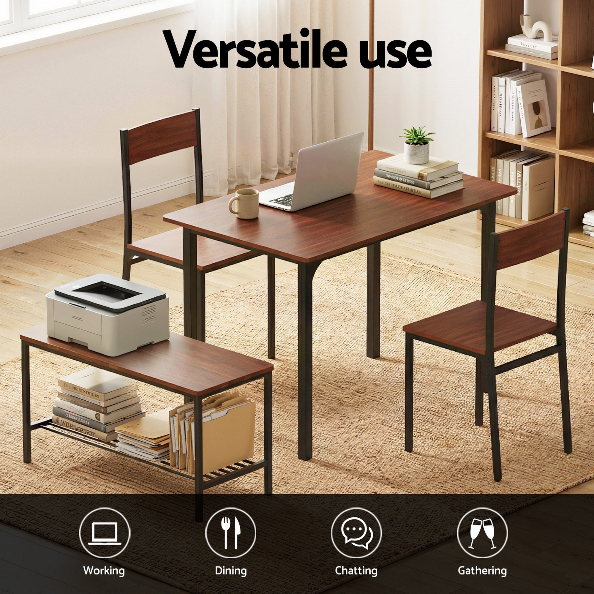 Artiss Dining Table and Chairs Set of 4 Storage Bench Kitchen Furniture Walnut DSET-U-5280-BR