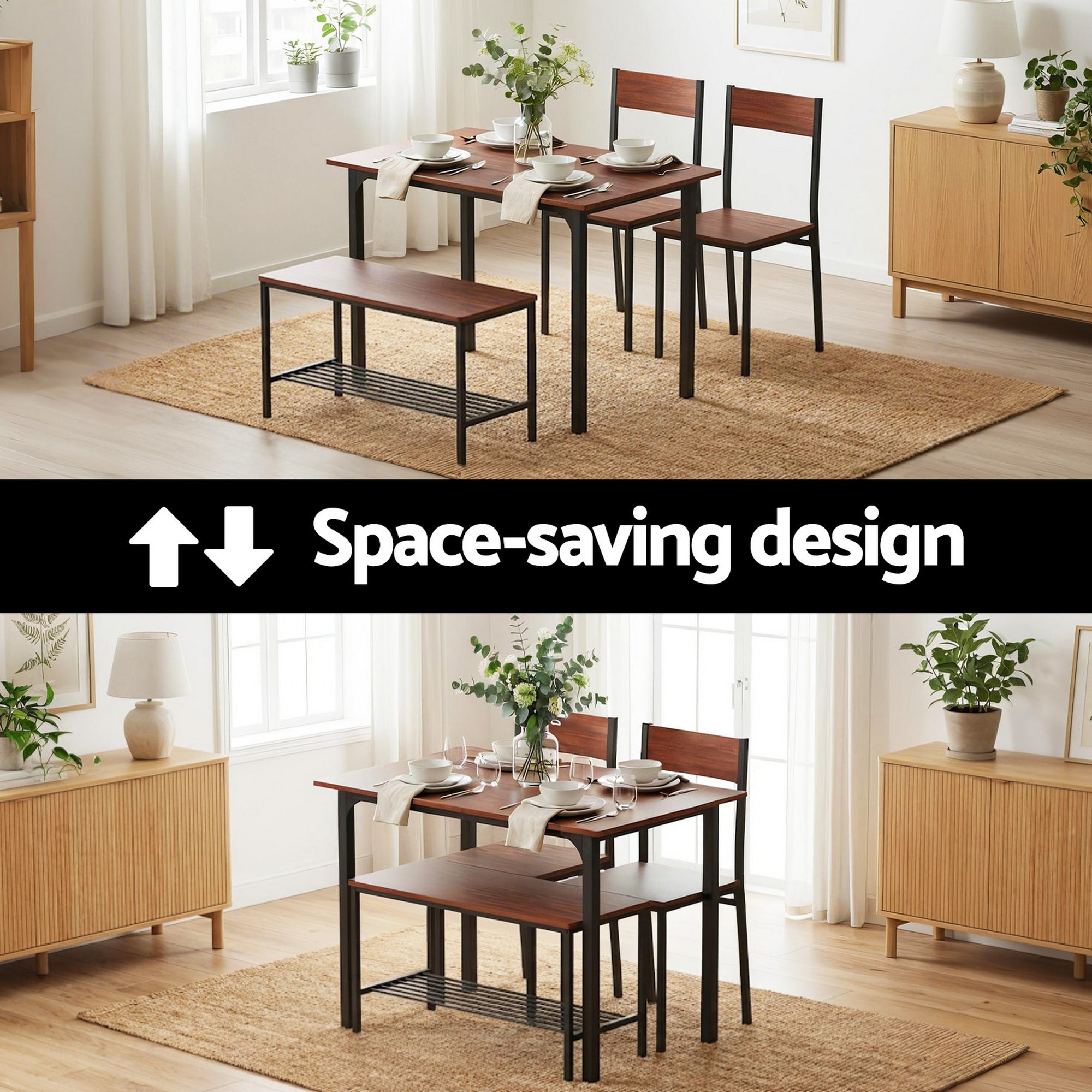 Artiss Dining Table and Chairs Set of 4 Storage Bench Kitchen Furniture Walnut DSET-U-5280-BR