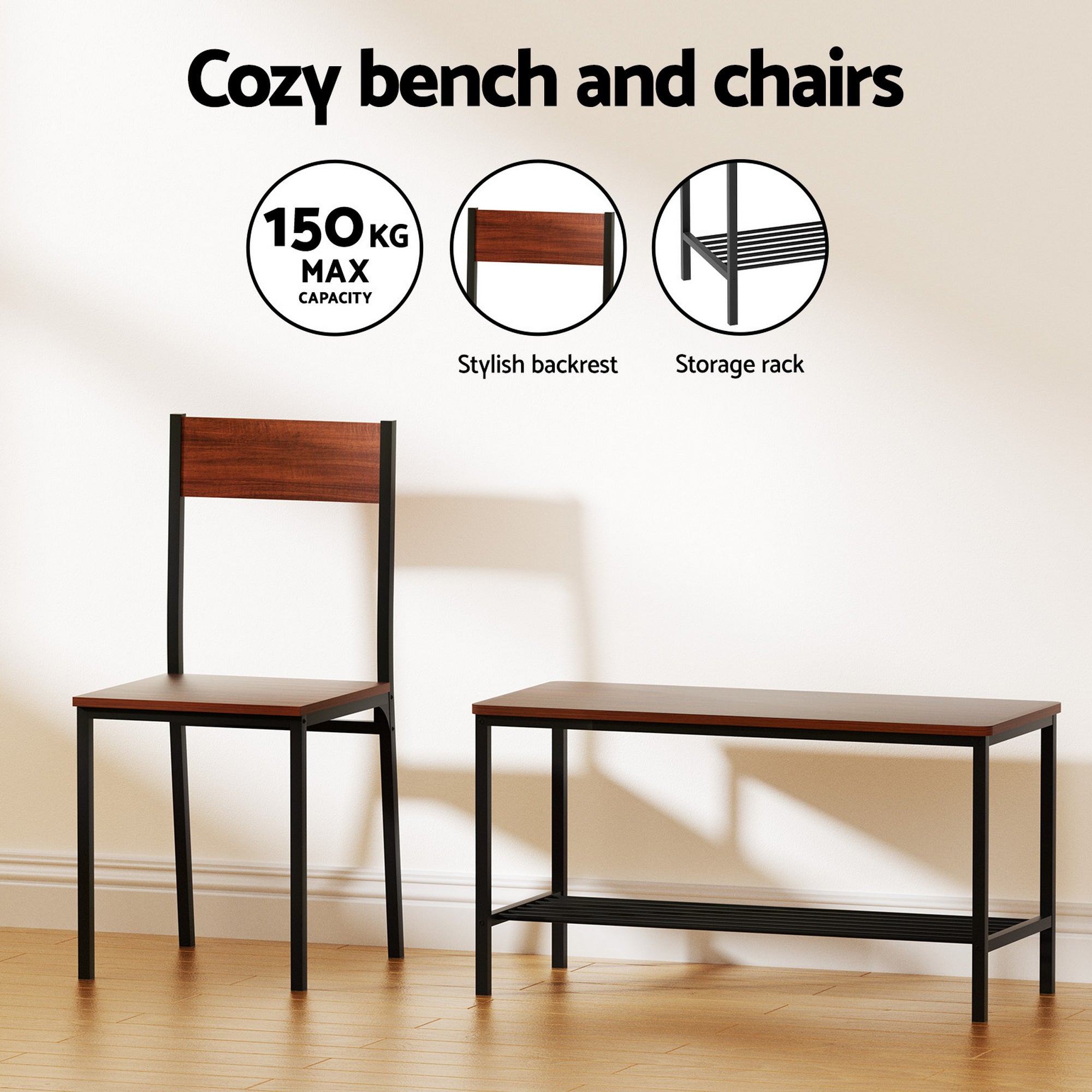 Artiss Dining Table and Chairs Set of 4 Storage Bench Kitchen Furniture Walnut DSET-U-5280-BR