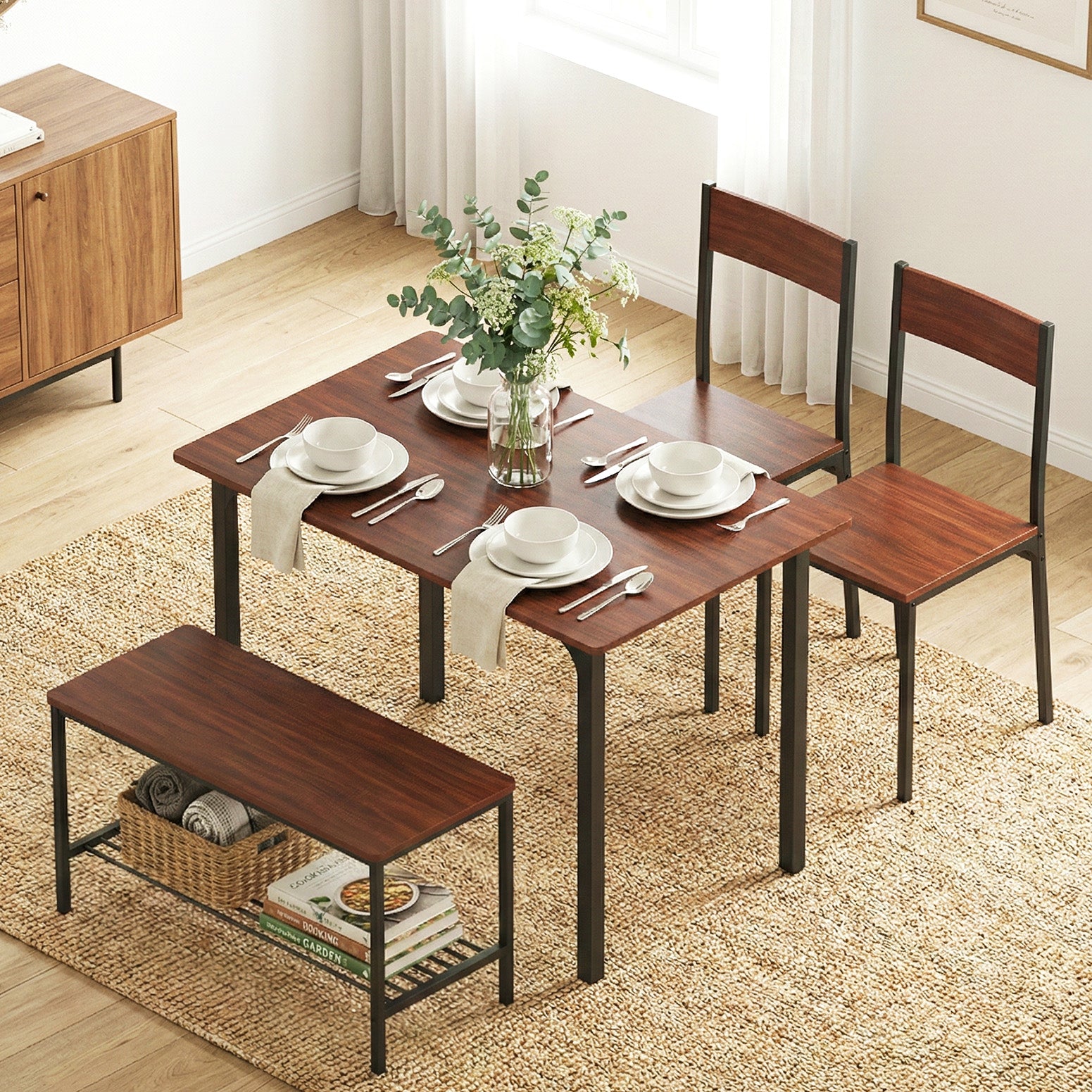 Artiss Dining Table and Chairs Set of 4 Storage Bench Kitchen Furniture Walnut DSET-U-5280-BR