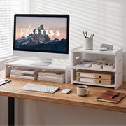 Artiss Monitor Stand and 3-Tier Desk Organiser 2-in-1 Modular Computer Monitor Riser PVC Desktop Shelf Holds DSK-RISER-001-WH