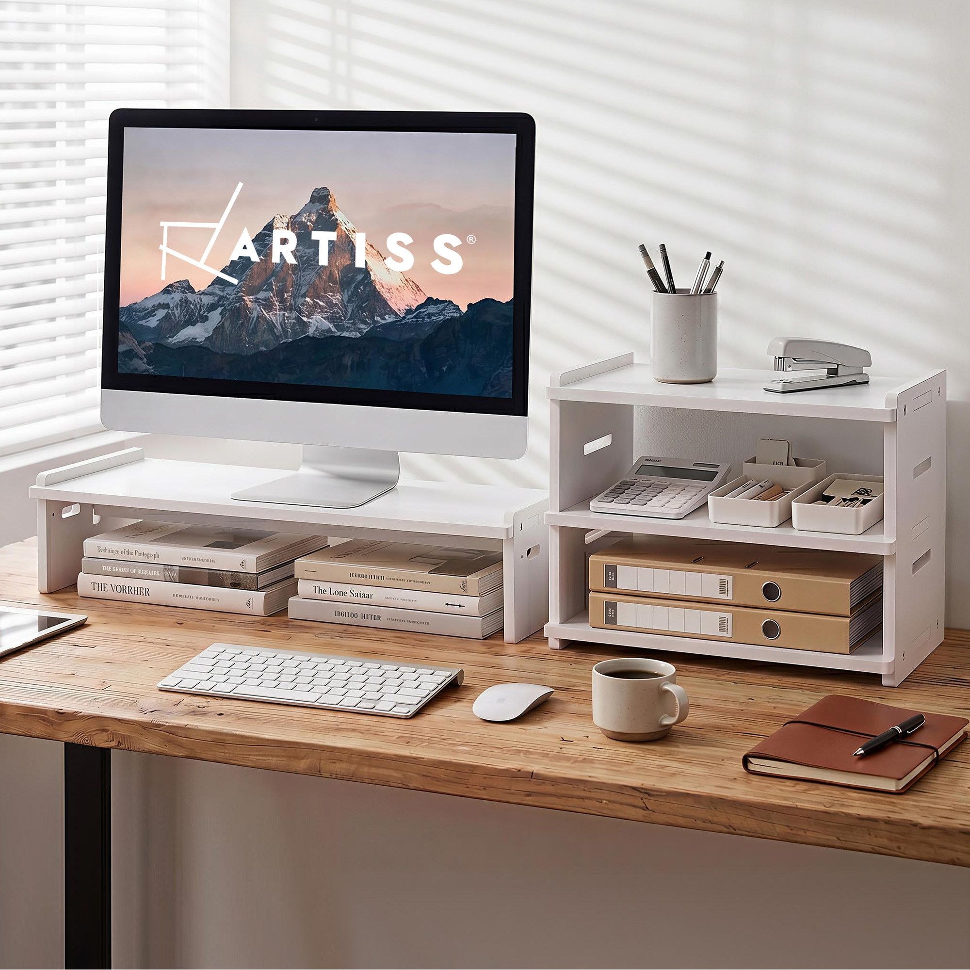 Artiss Monitor Stand and 3-Tier Desk Organiser 2-in-1 Modular Computer Monitor Riser PVC Desktop Shelf Holds DSK-RISER-001-WH