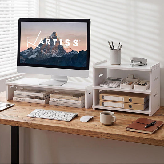 Artiss Monitor Stand and 3-Tier Desk Organiser 2-in-1 Modular Computer Monitor Riser PVC Desktop Shelf Holds DSK-RISER-001-WH