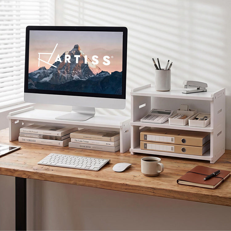 Artiss Monitor Stand and 3-Tier Desk Organiser 2-in-1 Modular Computer Monitor Riser PVC Desktop Shelf Holds DSK-RISER-001-WH