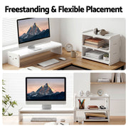 Artiss Monitor Stand and 3-Tier Desk Organiser 2-in-1 Modular Computer Monitor Riser PVC Desktop Shelf Holds DSK-RISER-001-WH