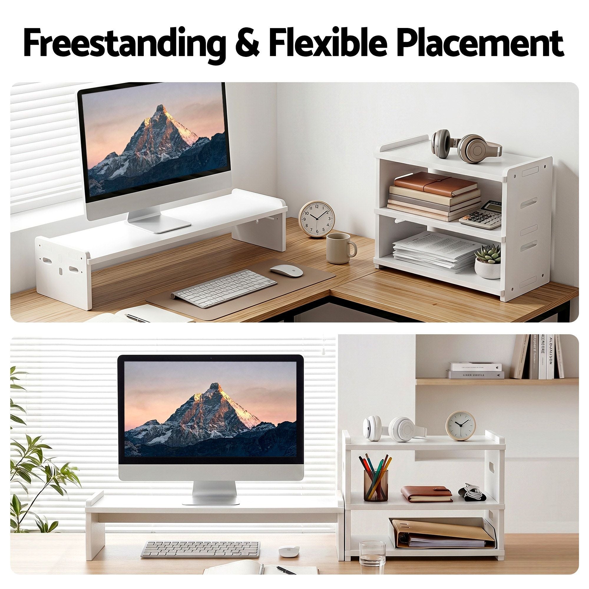 Artiss Monitor Stand and 3-Tier Desk Organiser 2-in-1 Modular Computer Monitor Riser PVC Desktop Shelf Holds DSK-RISER-001-WH
