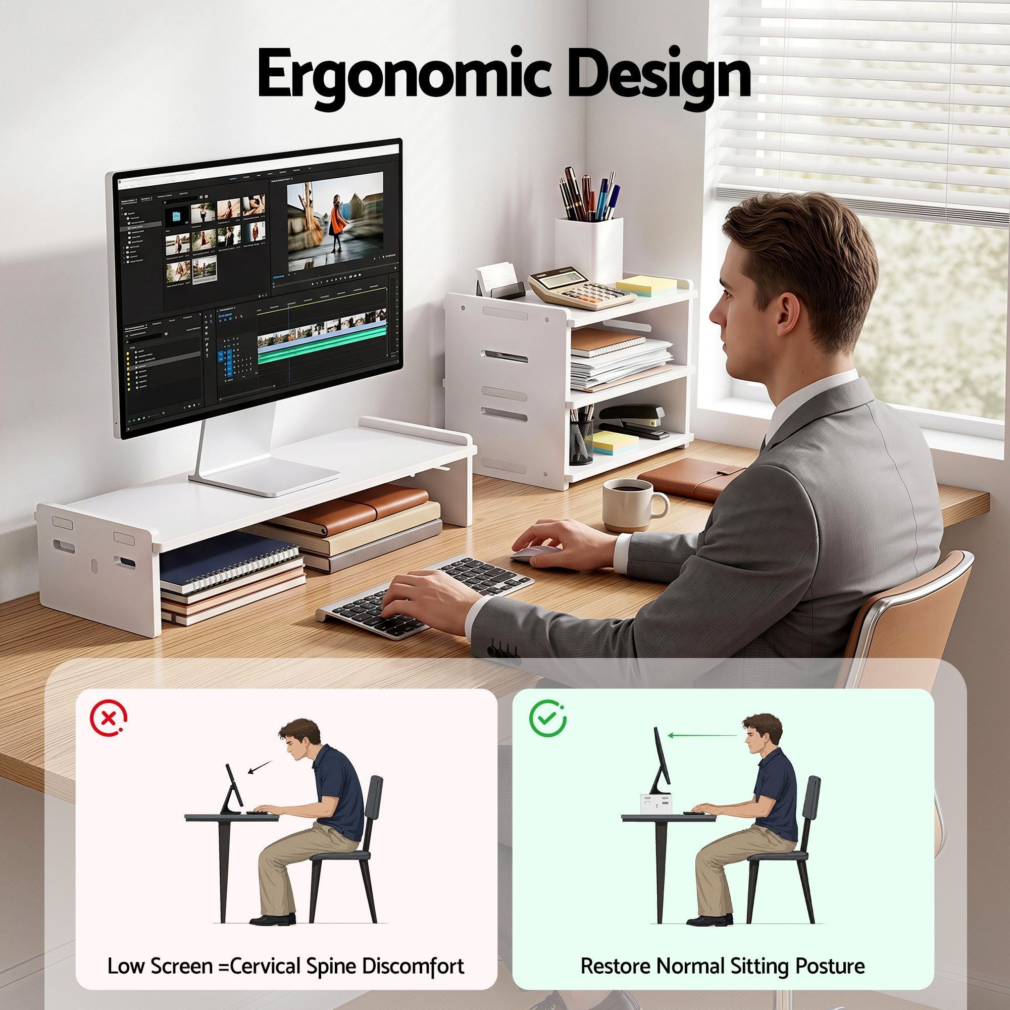 Artiss Monitor Stand and 3-Tier Desk Organiser 2-in-1 Modular Computer Monitor Riser PVC Desktop Shelf Holds DSK-RISER-001-WH