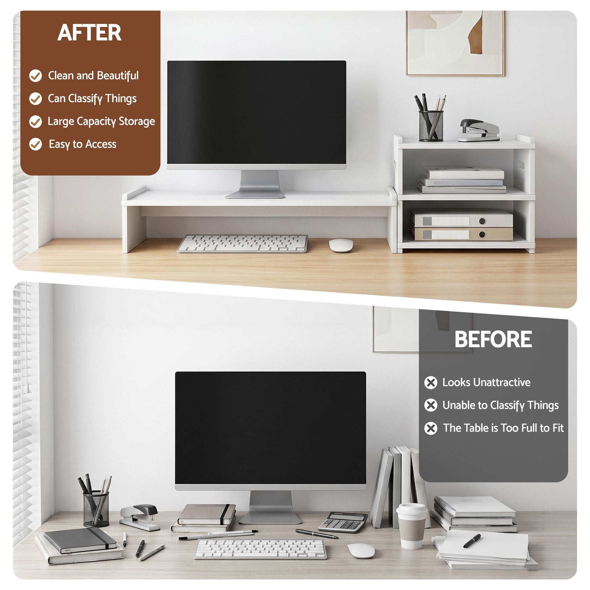 Artiss Monitor Stand and 3-Tier Desk Organiser 2-in-1 Modular Computer Monitor Riser PVC Desktop Shelf Holds DSK-RISER-001-WH