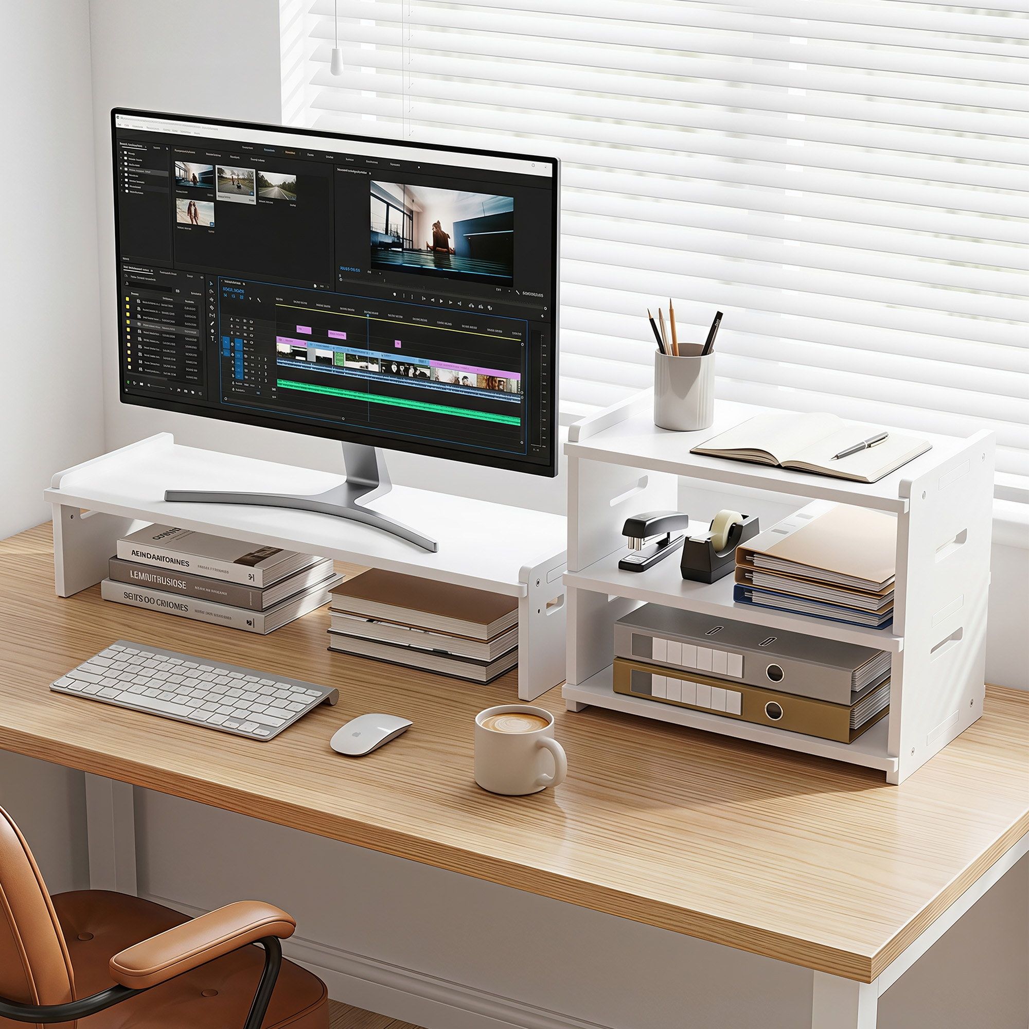Artiss Monitor Stand and 3-Tier Desk Organiser 2-in-1 Modular Computer Monitor Riser PVC Desktop Shelf Holds DSK-RISER-001-WH
