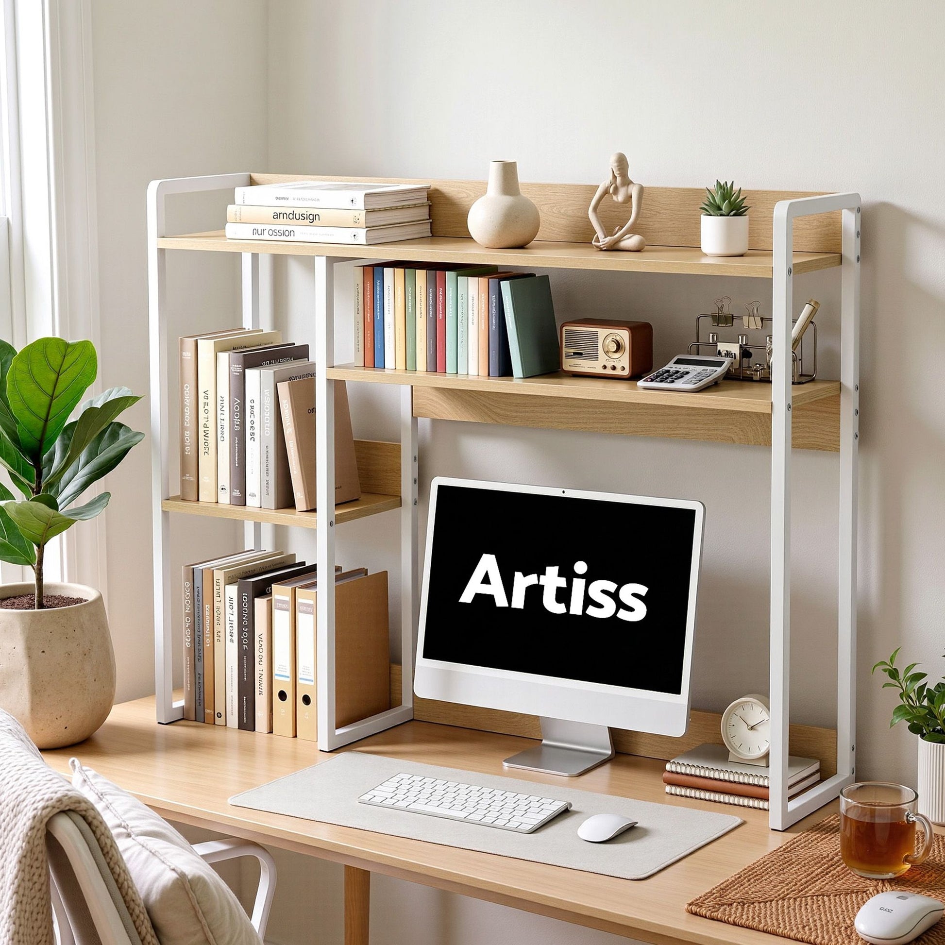 Artist Desk Organizer 2-Tier Desk Shelf 24cm Depth for Unblocked Monitor View Asymmetrical Desk Hutch Dorm DSK-SHF-001-WDWH