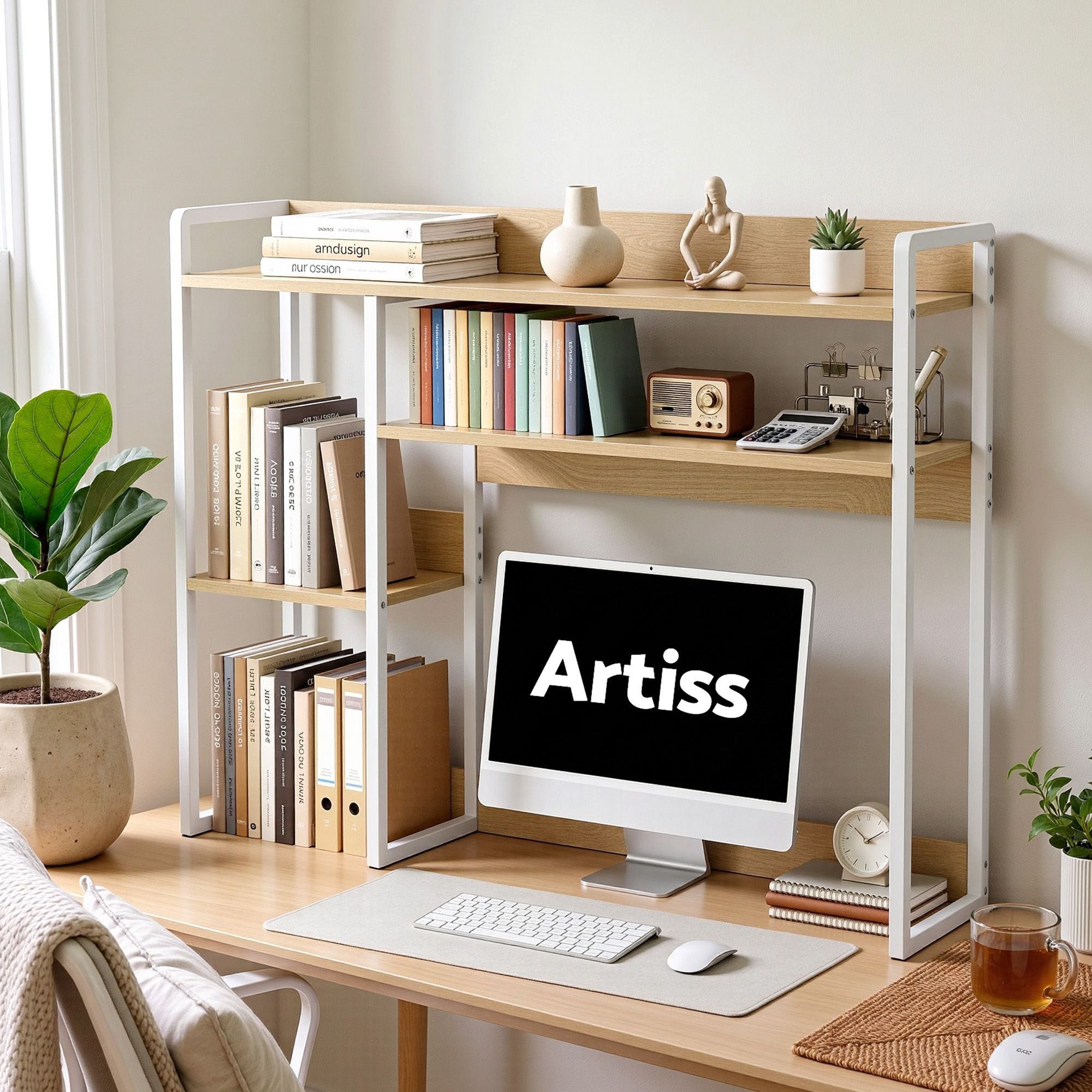 Artist Desk Organizer 2-Tier Desk Shelf 24cm Depth for Unblocked Monitor View Asymmetrical Desk Hutch Dorm DSK-SHF-001-WDWH