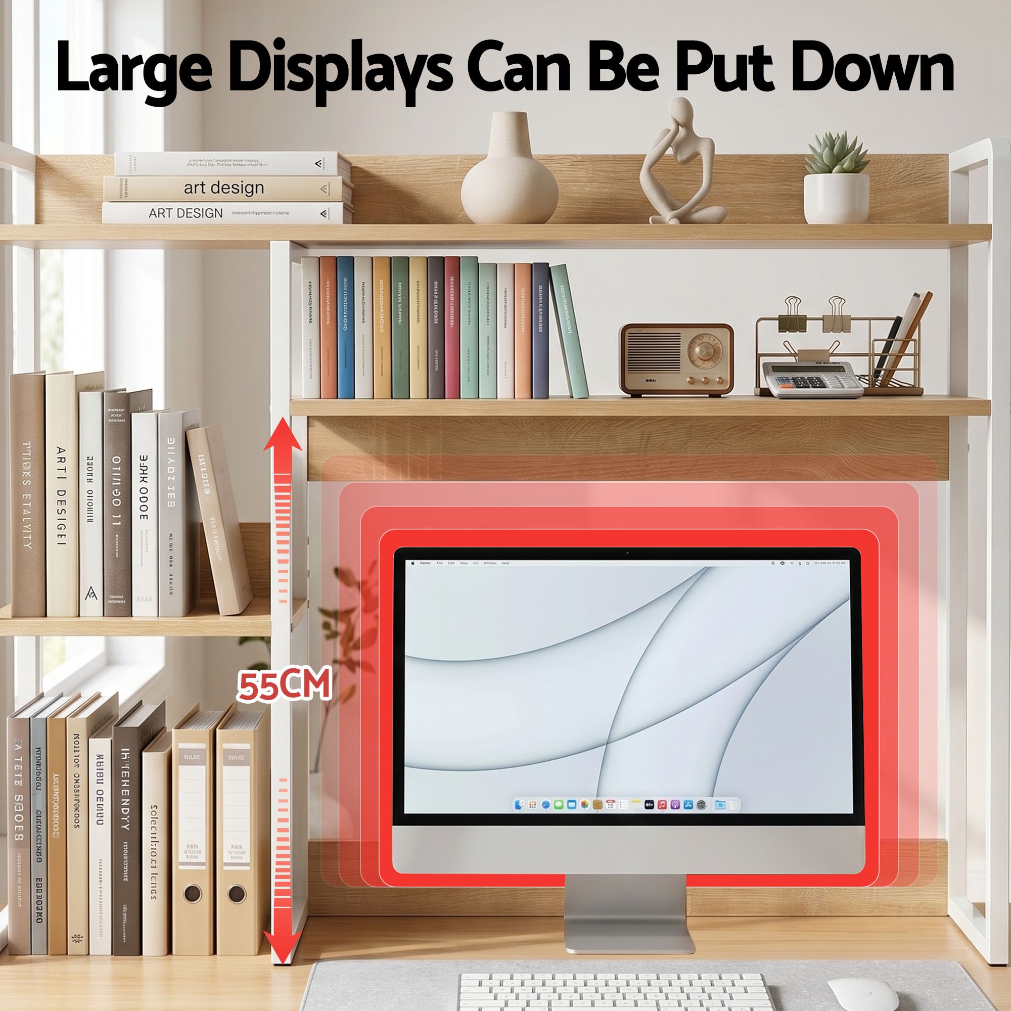 Artist Desk Organizer 2-Tier Desk Shelf 24cm Depth for Unblocked Monitor View Asymmetrical Desk Hutch Dorm DSK-SHF-001-WDWH