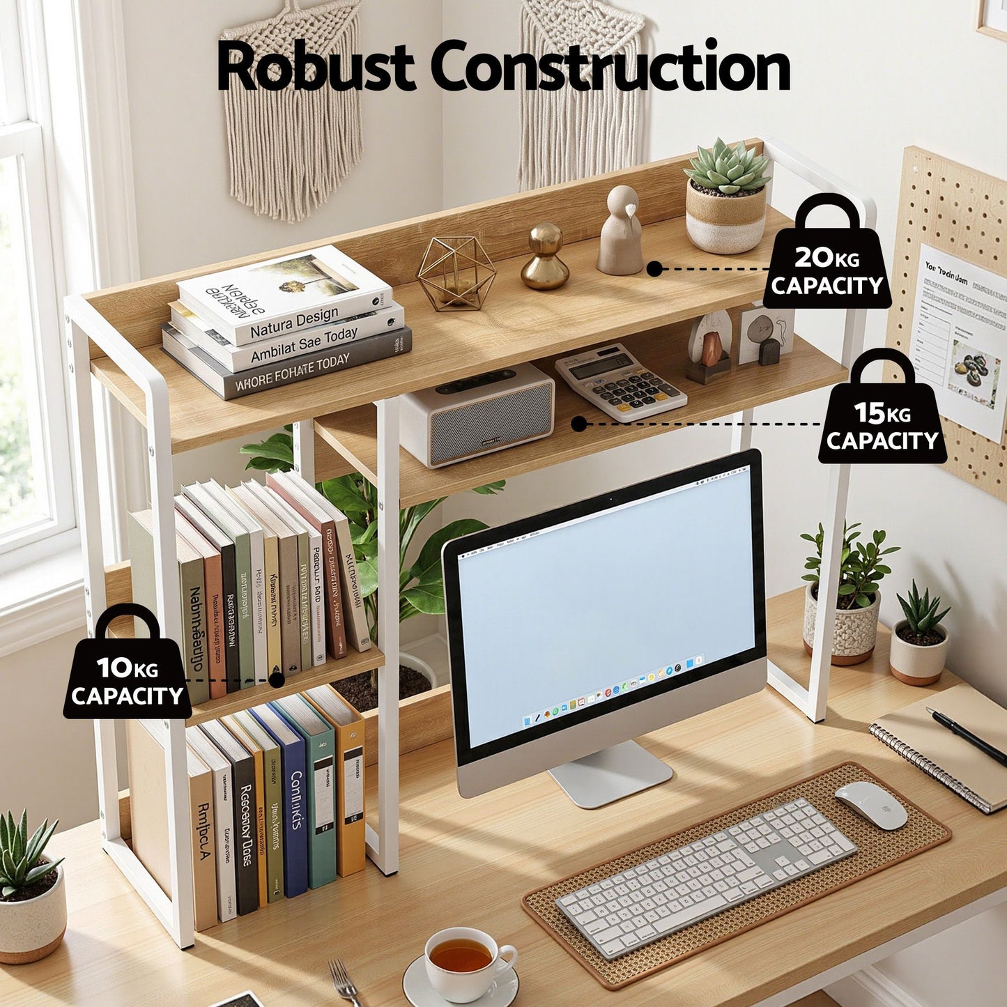 Artist Desk Organizer 2-Tier Desk Shelf 24cm Depth for Unblocked Monitor View Asymmetrical Desk Hutch Dorm DSK-SHF-001-WDWH