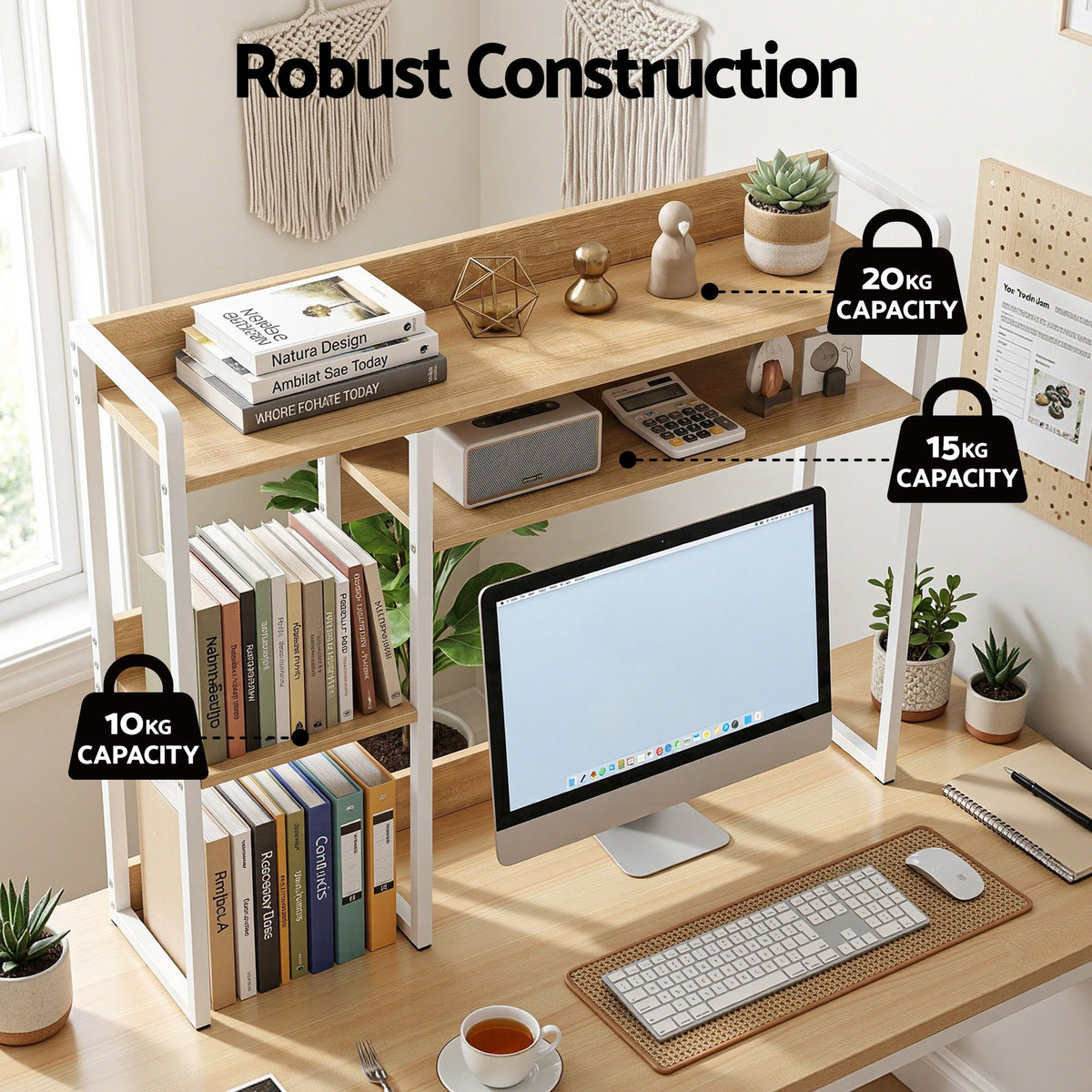 Artist Desk Organizer 2-Tier Desk Shelf 24cm Depth for Unblocked Monitor View Asymmetrical Desk Hutch Dorm DSK-SHF-001-WDWH