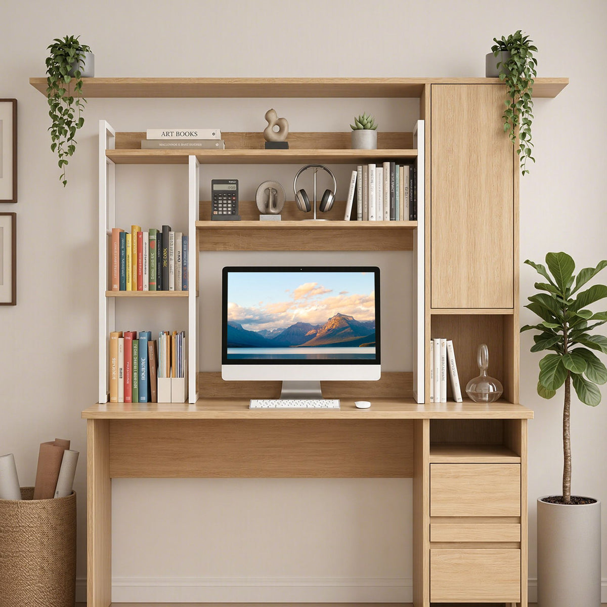Artist Desk Organizer 2-Tier Desk Shelf 24cm Depth for Unblocked Monitor View Asymmetrical Desk Hutch Dorm DSK-SHF-001-WDWH
