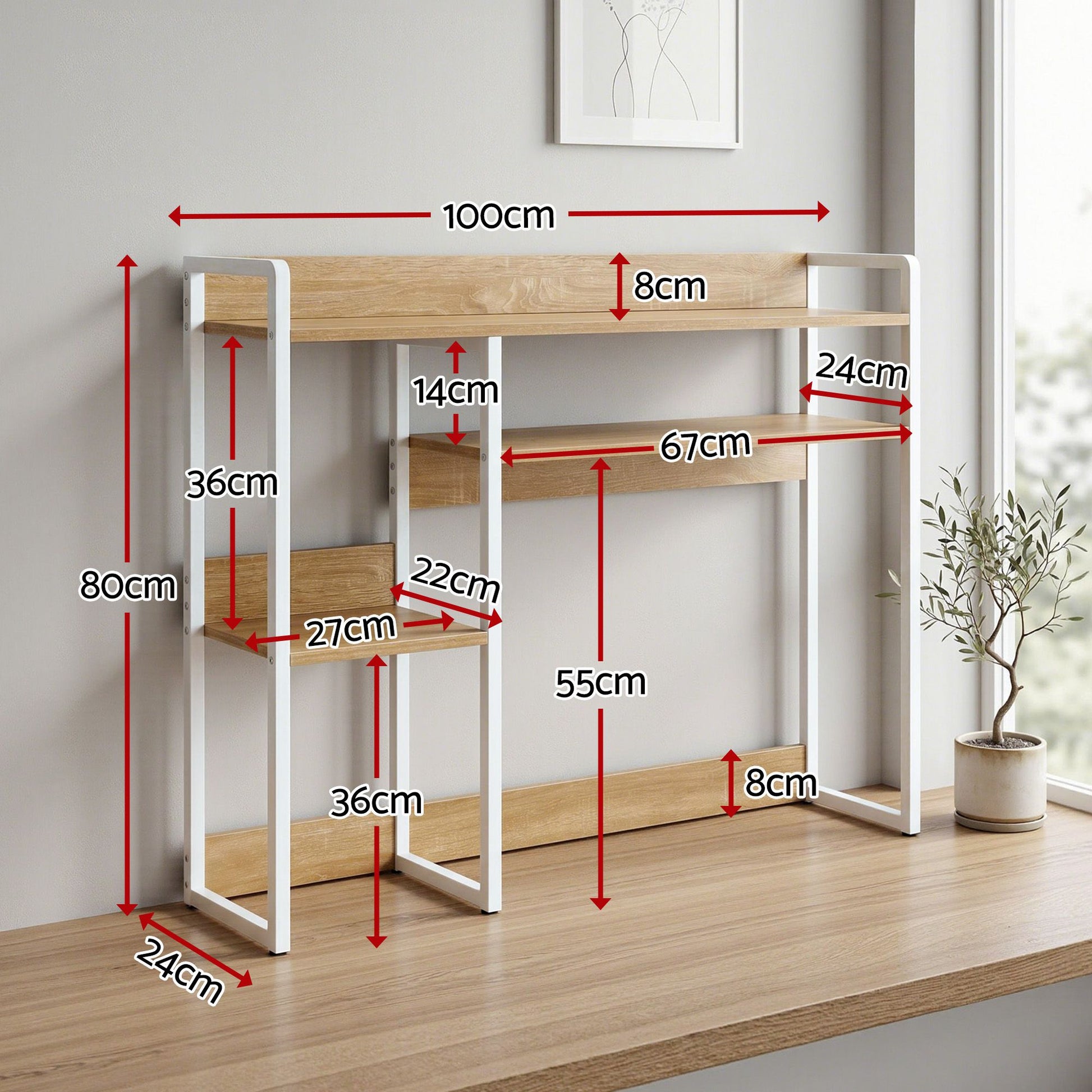 Artist Desk Organizer 2-Tier Desk Shelf 24cm Depth for Unblocked Monitor View Asymmetrical Desk Hutch Dorm DSK-SHF-001-WDWH