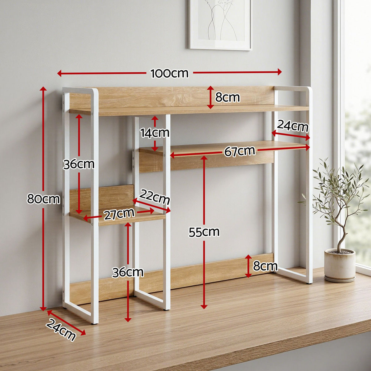 Artist Desk Organizer 2-Tier Desk Shelf 24cm Depth for Unblocked Monitor View Asymmetrical Desk Hutch Dorm DSK-SHF-001-WDWH