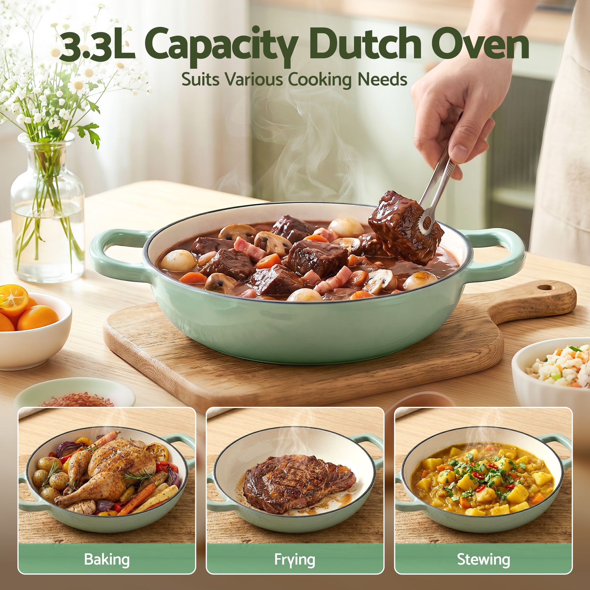 5-Star Chef 3.3L Enameled Cast Iron Dutch Oven Pot with Lid for Sourdough Bread Baking DTO-PAN-GN