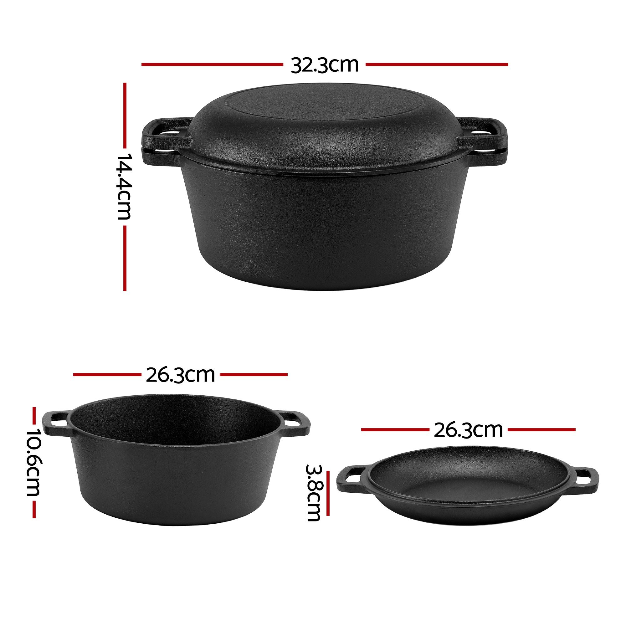 5-Star Chef 5L 2-In-1 Pre-Seasoned Cast Iron Dutch Oven Pot with Lid and Dual Handles for Sourdough Bread DTO-POT-2IN1-BK