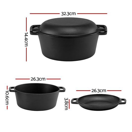 5-Star Chef 5L 2-In-1 Pre-Seasoned Cast Iron Dutch Oven Pot with Lid and Dual Handles for Sourdough Bread DTO-POT-2IN1-BK