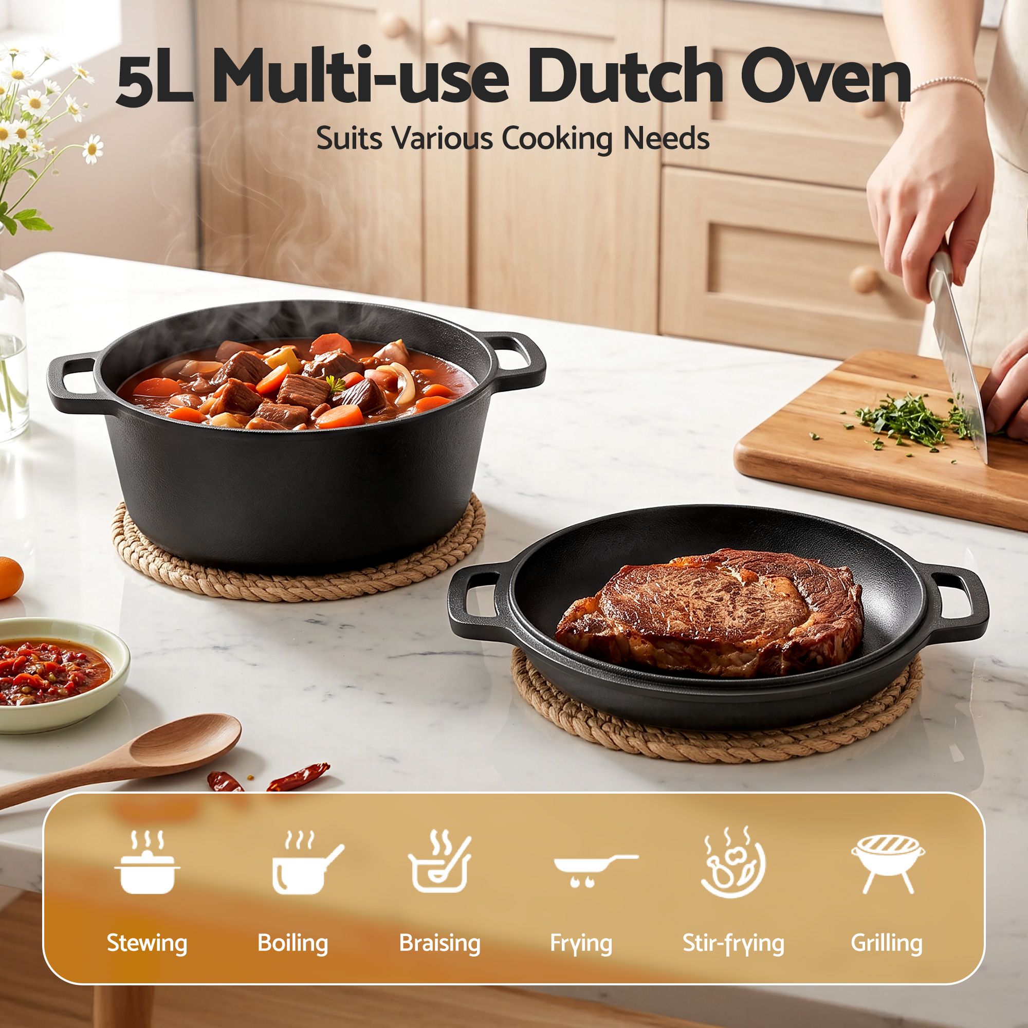 5-Star Chef 5L 2-In-1 Pre-Seasoned Cast Iron Dutch Oven Pot with Lid and Dual Handles for Sourdough Bread DTO-POT-2IN1-BK