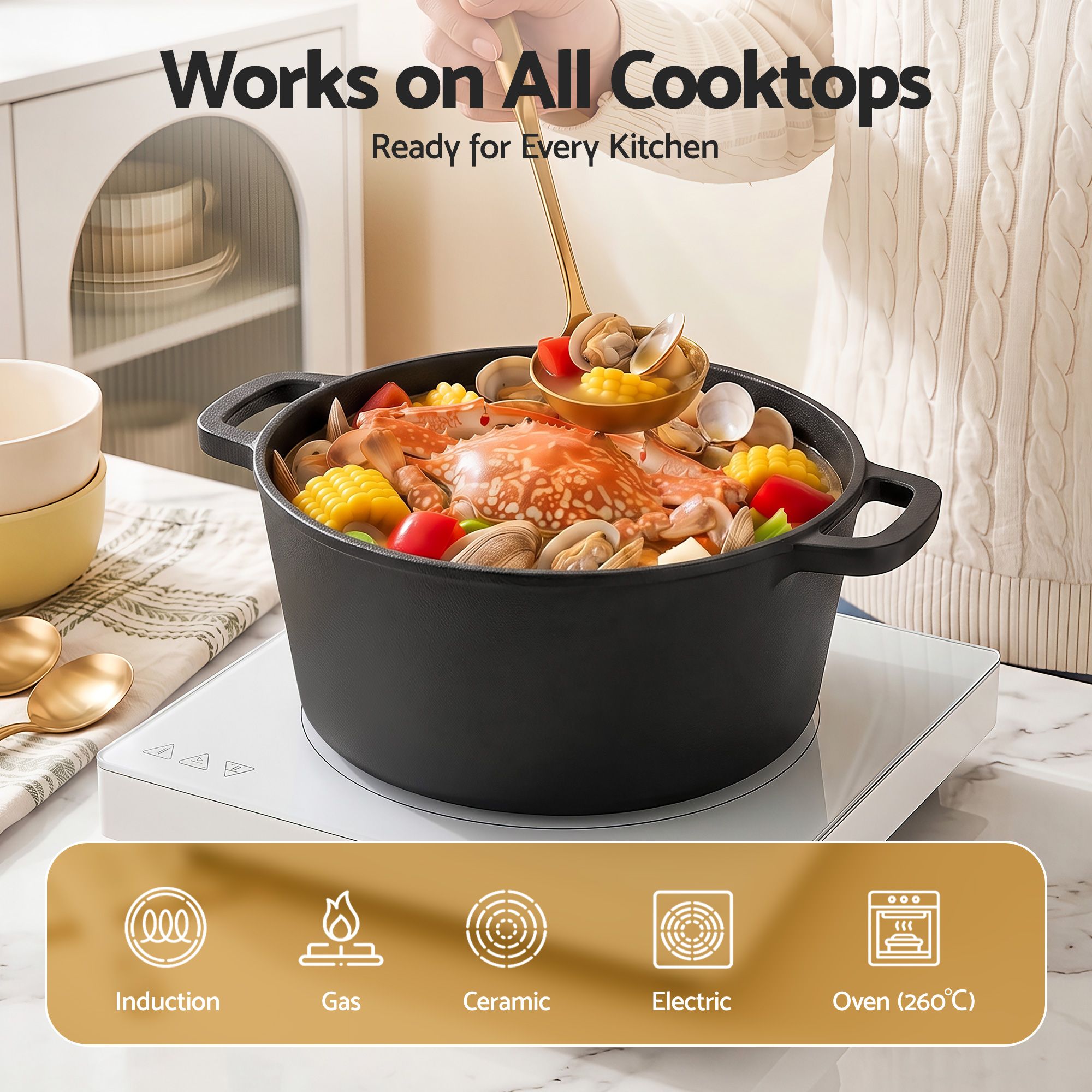 5-Star Chef 5L 2-In-1 Pre-Seasoned Cast Iron Dutch Oven Pot with Lid and Dual Handles for Sourdough Bread DTO-POT-2IN1-BK