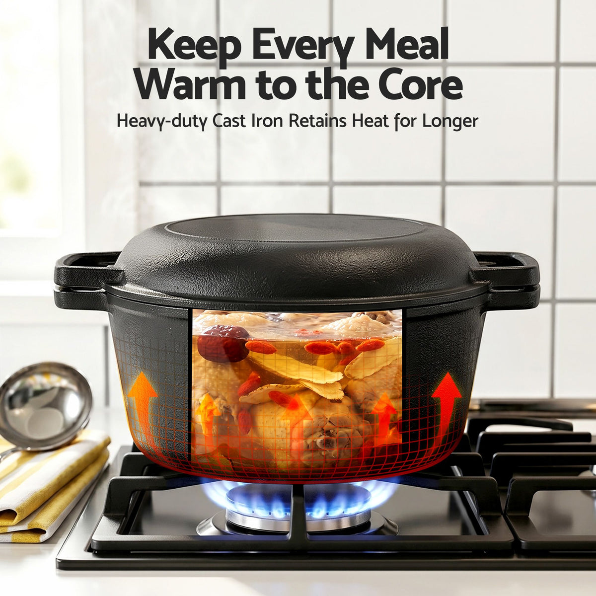 5-Star Chef 5L 2-In-1 Pre-Seasoned Cast Iron Dutch Oven Pot with Lid and Dual Handles for Sourdough Bread DTO-POT-2IN1-BK